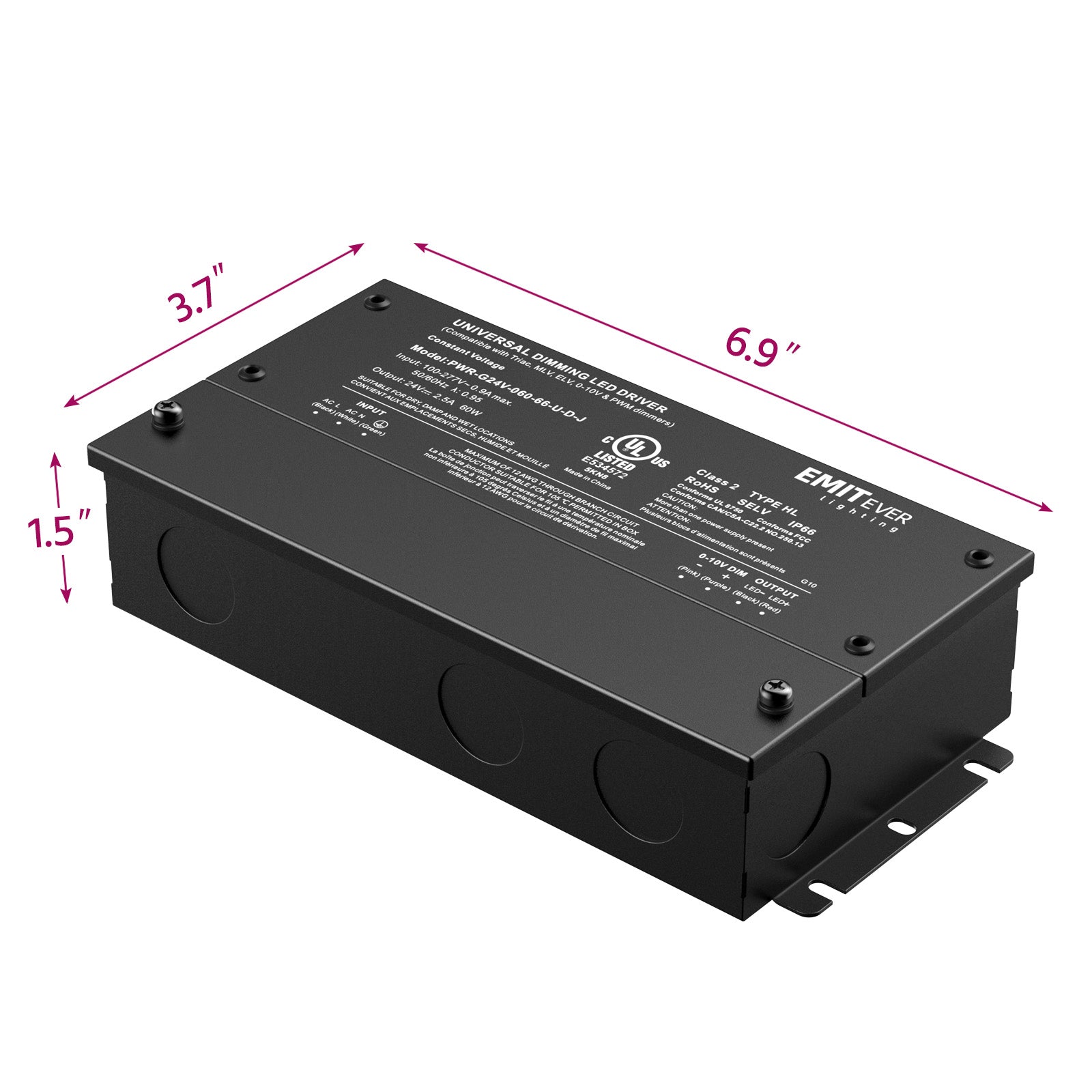 60W Dimmable LED Driver, AC 110V-277V to DC 24V Transformer, 5-in-1 Dimming, IP66