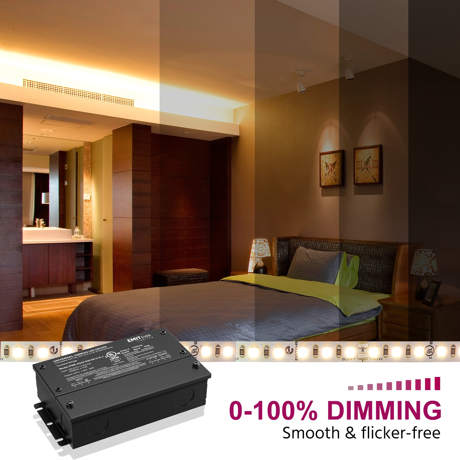 30W Dimmable LED Driver, AC 110V-277V to DC 24V Transformer, 5-in-1 Dimming, IP66