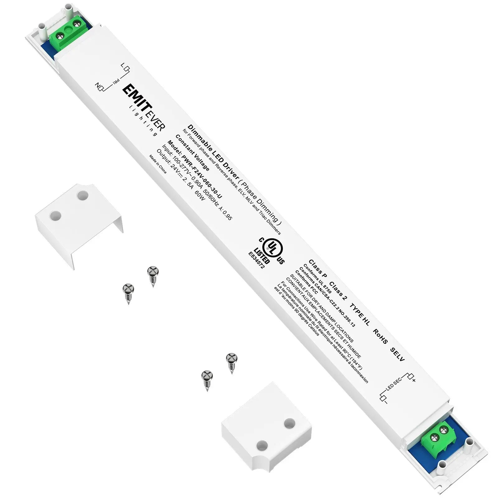 60W Traic Dimmable LED Driver, Power Supply 100-277V AC to 24V DC, 0-100% Dimming Transformer, IP30 Emitever