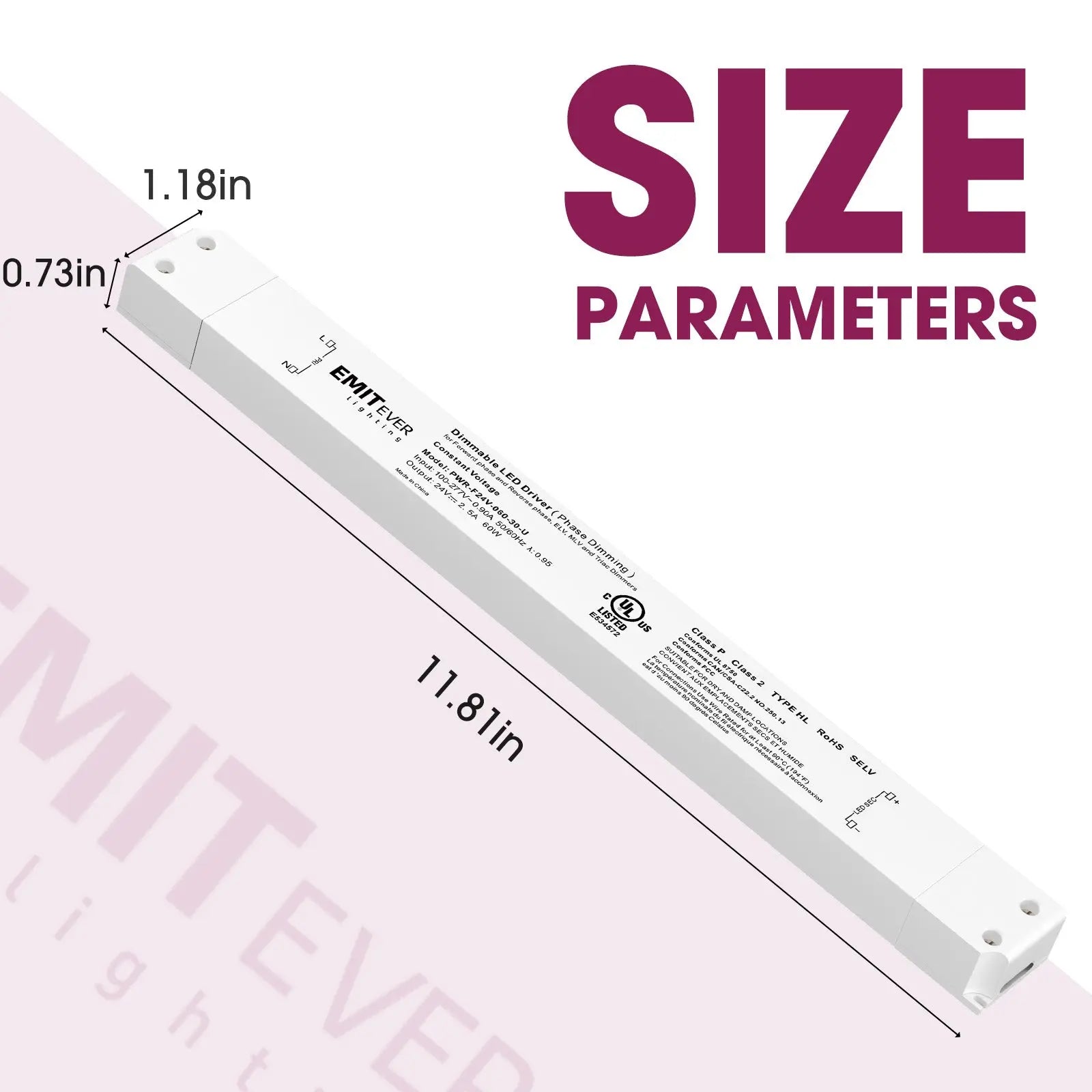 60W Traic Dimmable LED Driver, Power Supply 100-277V AC to 24V DC, 0-100% Dimming Transformer, IP30 Emitever