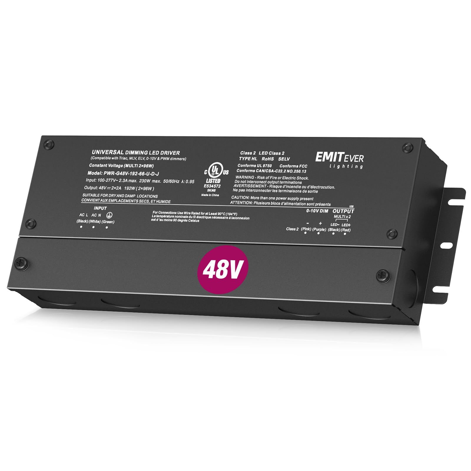 48V Dimmable LED Driver, AC 110V-277V to DC 48V Transformer, 5-in-1 Dimming, IP67, UL Listed 192W / 288W / 384W