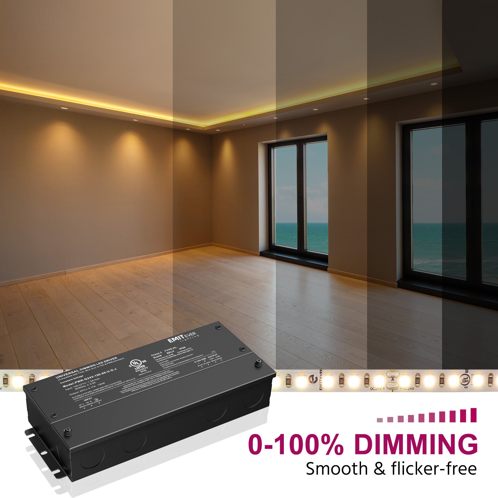 100W Dimmable LED Driver, AC 110V-277V to DC 24V Transformer, 5-in-1 Dimming, IP66