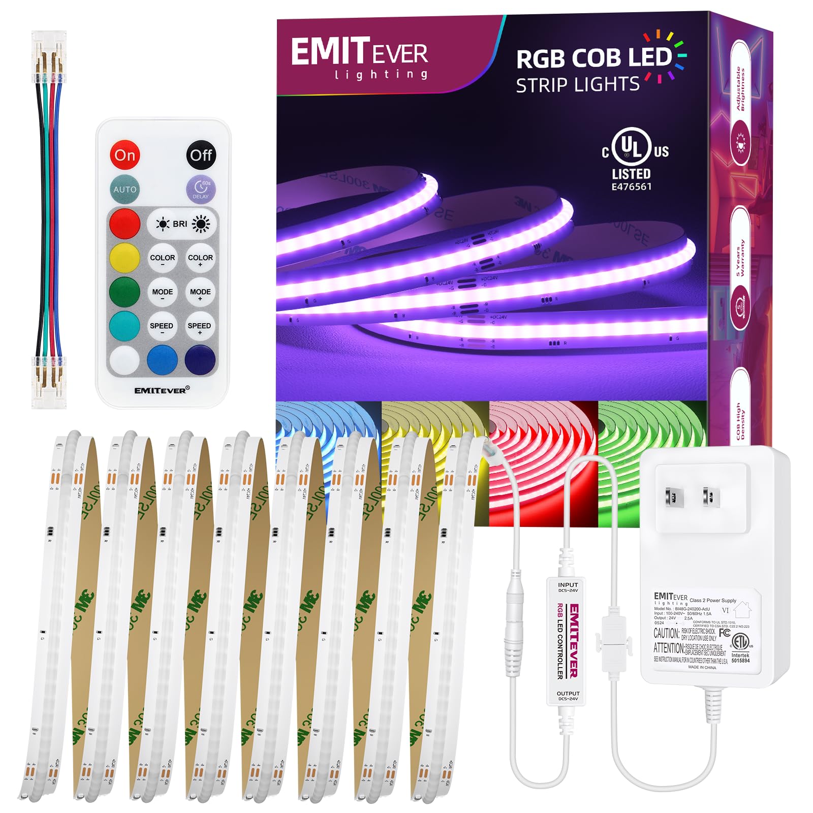 RGB COB LED Strip Light 16.4ft, UL-Listed Dimmable 24V Flexible LED Color Changing Tape Light Kit with Remote