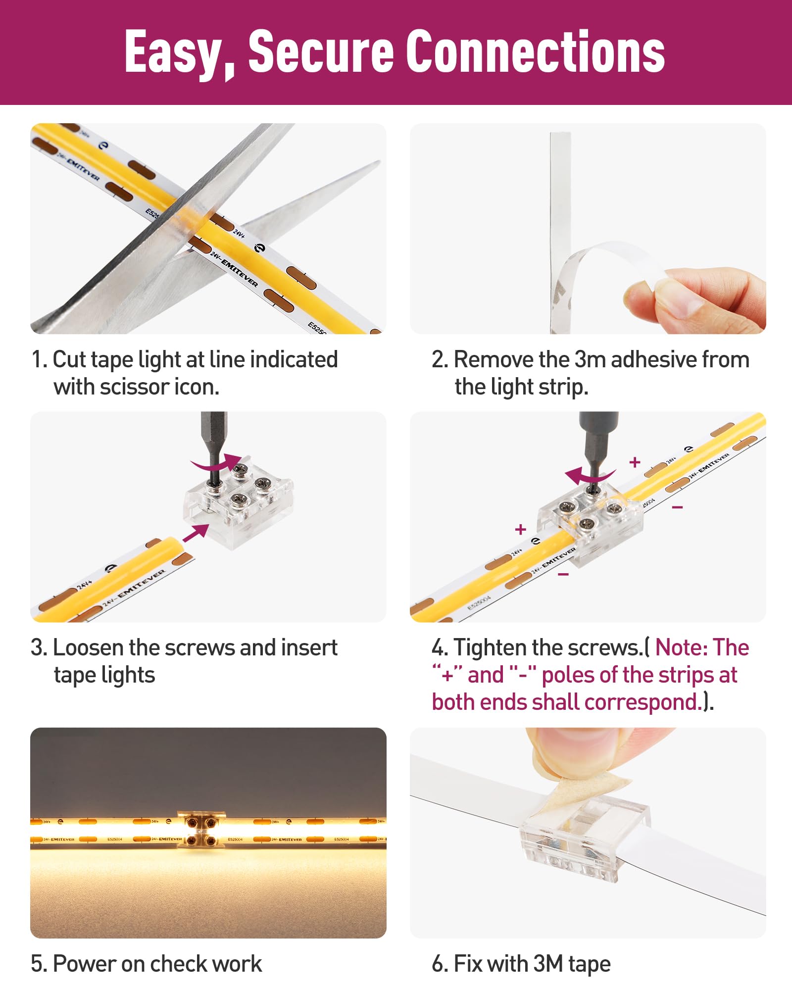 LED Strip Light Connectors, 2 Pin Tighten Screw Transparent, Strip to Strip Connector / Extension Connector, for 8mm Width LED Strip Lights, 12 Pack / 2 Pack