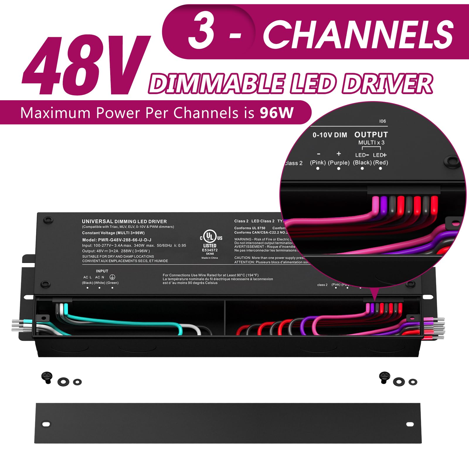 48V Dimmable LED Driver, AC 110V-277V to DC 48V Transformer, 5-in-1 Dimming, IP67, UL Listed 192W / 288W / 384W