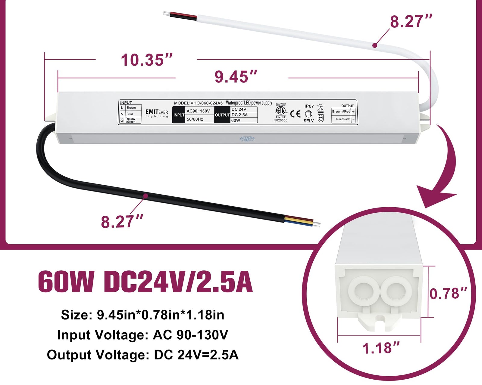 24V Power Supply Driver, 120V AC to 24V DC Converter, Transformer, IP67, 12W / 36W / 60W / 100W, 2-Pack / 4 Pack