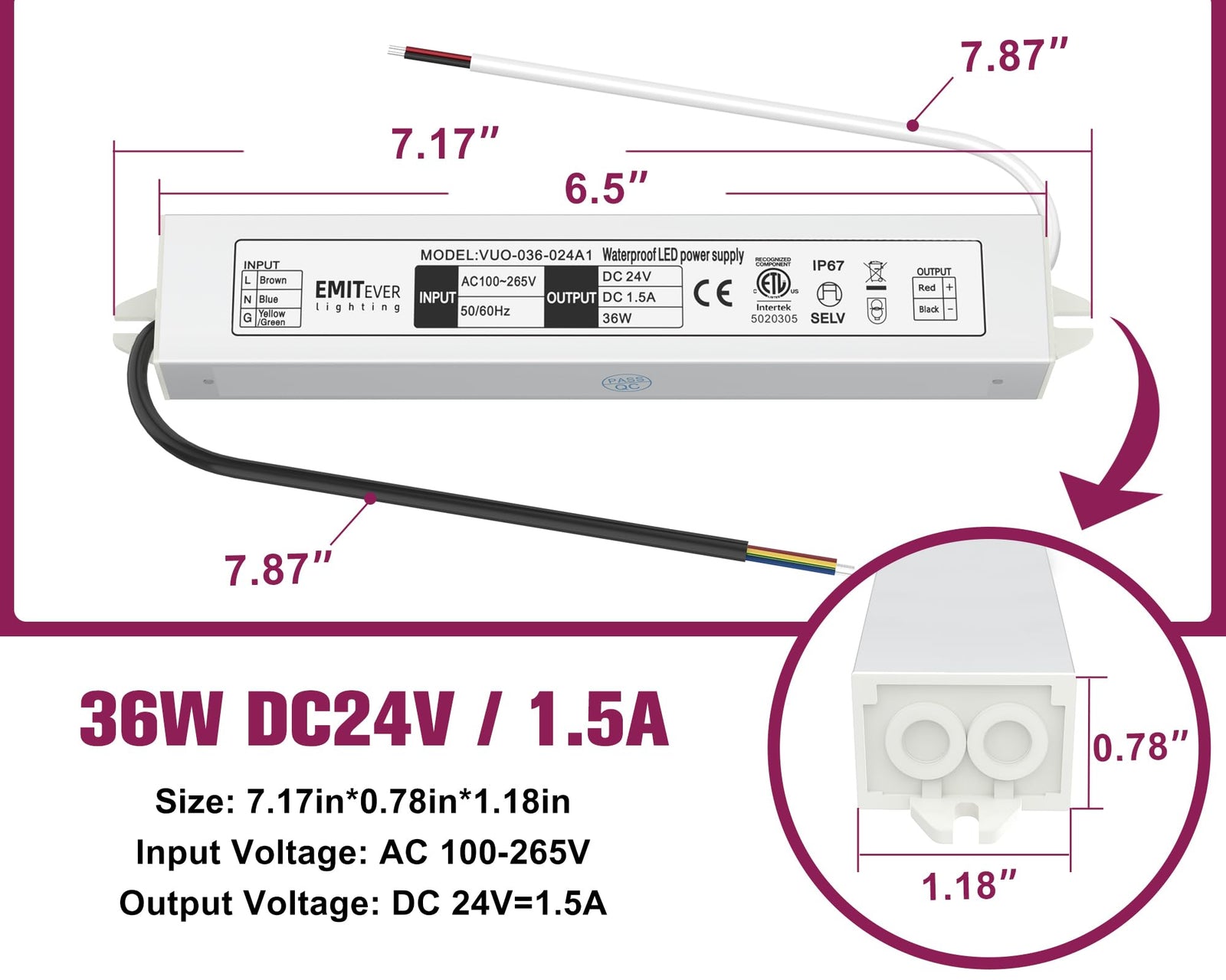 24V Power Supply Driver, 120V AC to 24V DC Converter, Transformer, IP67, 12W / 36W / 60W / 100W, 2-Pack / 4 Pack