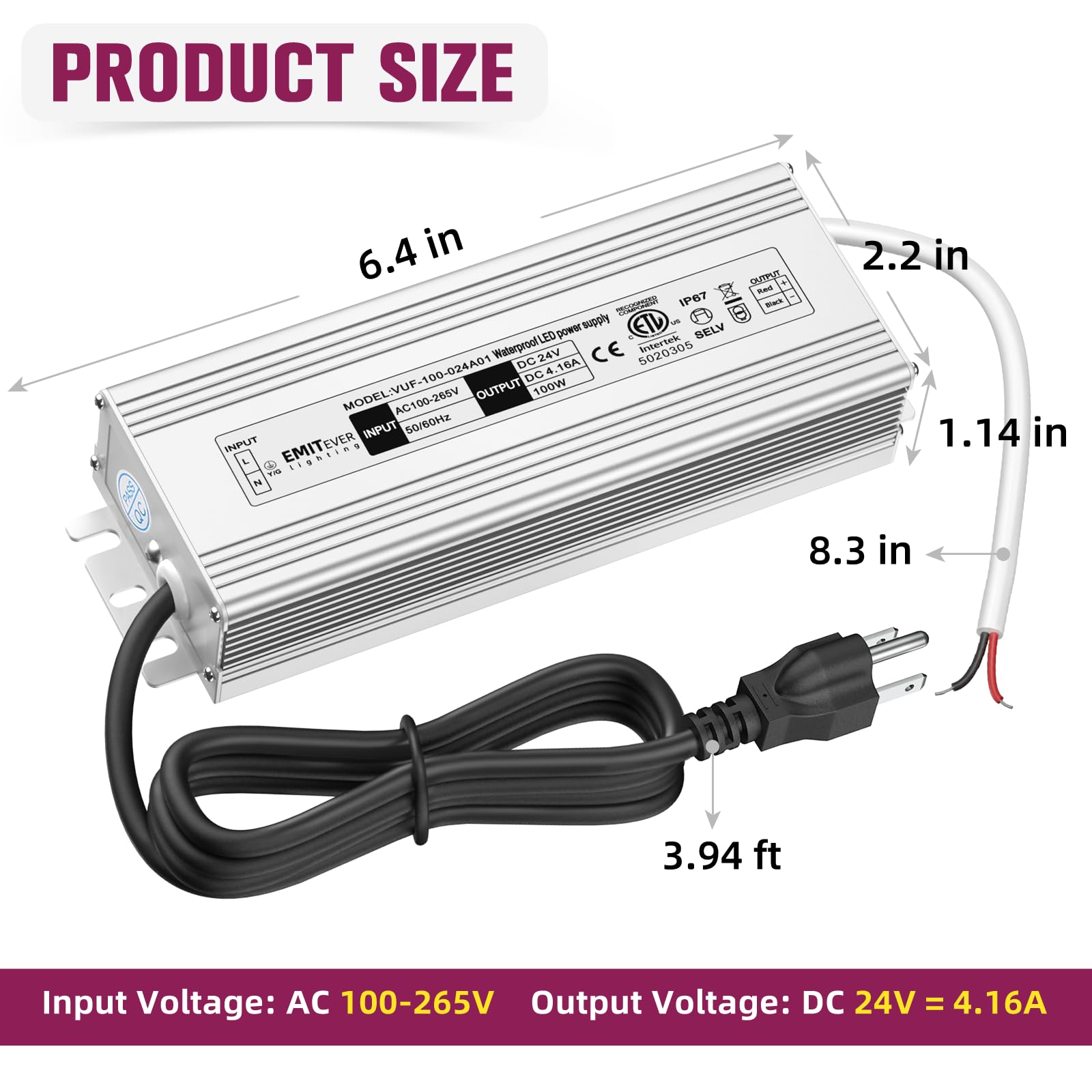 24V Power Supply Driver, 120V AC to 24V DC Converter, Transformer, IP67, 12W / 36W / 60W / 100W, 2-Pack / 4 Pack