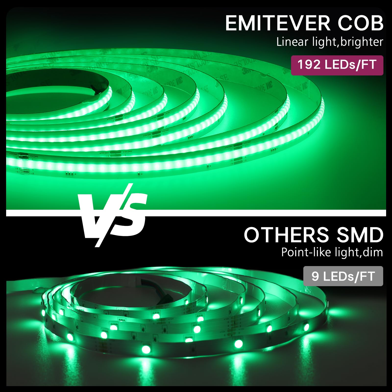 RGB COB LED Strip Light 16.4ft, UL-Listed Dimmable 24V Flexible LED Color Changing Tape Light Kit with Remote