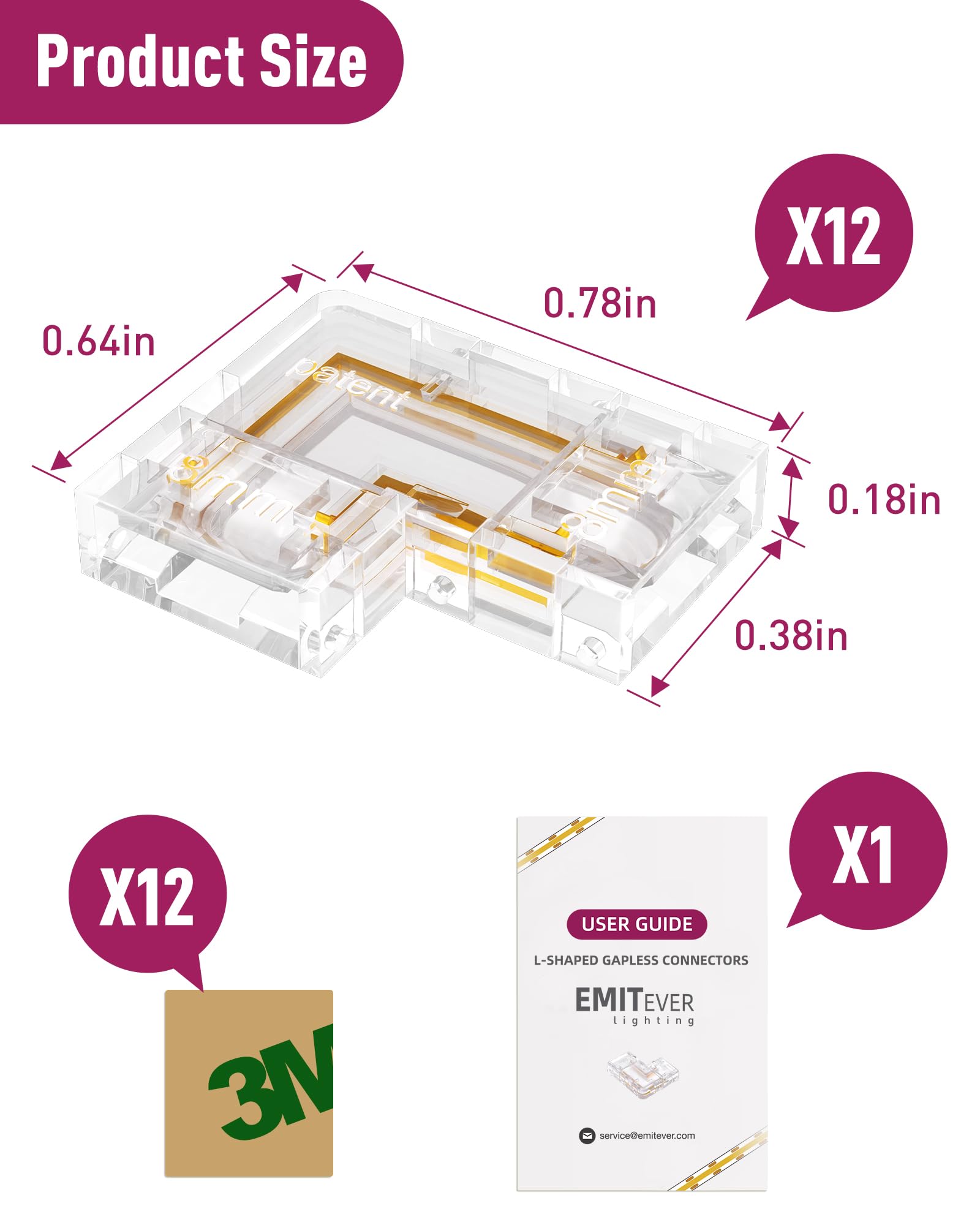 L-Shaped LED Strip Light Connectors (8mm/10mm, Snap-on & Threaded Screw Options) 12pcs, for 2-Pin COB/SMD LED Strip Lights 5V, 12V, 24V, 48V