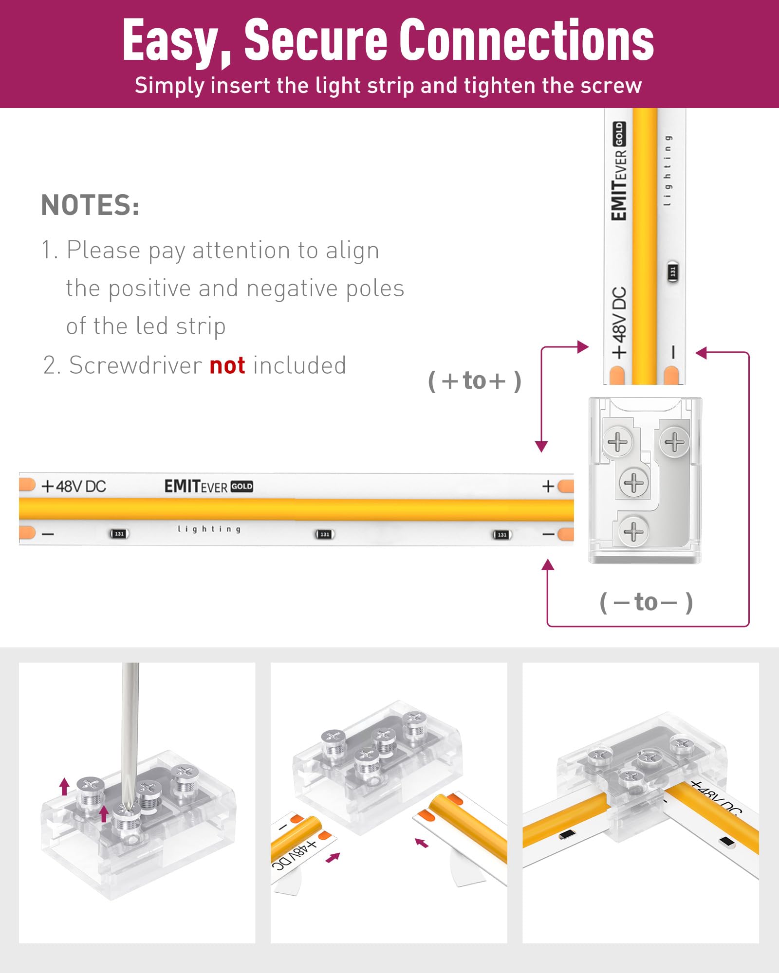 L-Shaped LED Strip Light Connectors (8mm/10mm, Snap-on & Threaded Screw Options) 12pcs, for 2-Pin COB/SMD LED Strip Lights 5V, 12V, 24V, 48V