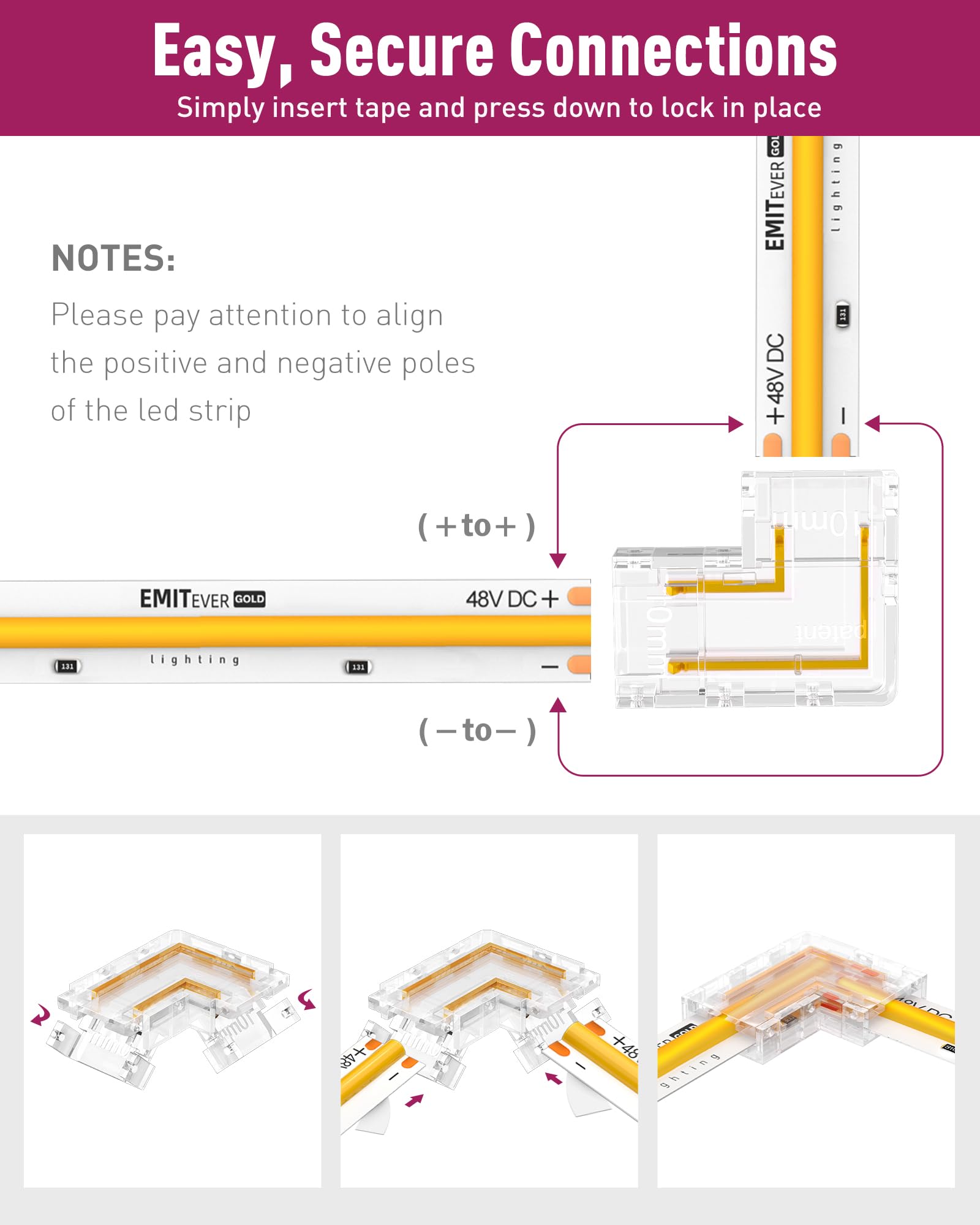 L-Shaped LED Strip Light Connectors (8mm/10mm, Snap-on & Threaded Screw Options) 12pcs, for 2-Pin COB/SMD LED Strip Lights 5V, 12V, 24V, 48V