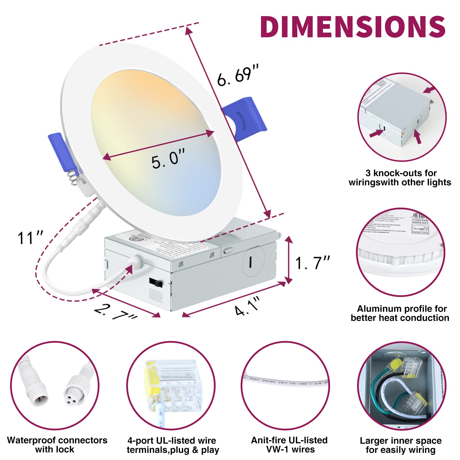 6 Inch Recessed Lighting,5CCT Ultra-Thin LED Ceiling Light with Junction Box, Dimmable Can-Killer Downlight, 12W, 1050LM High Brightness, US ETL and Energy Star Certified