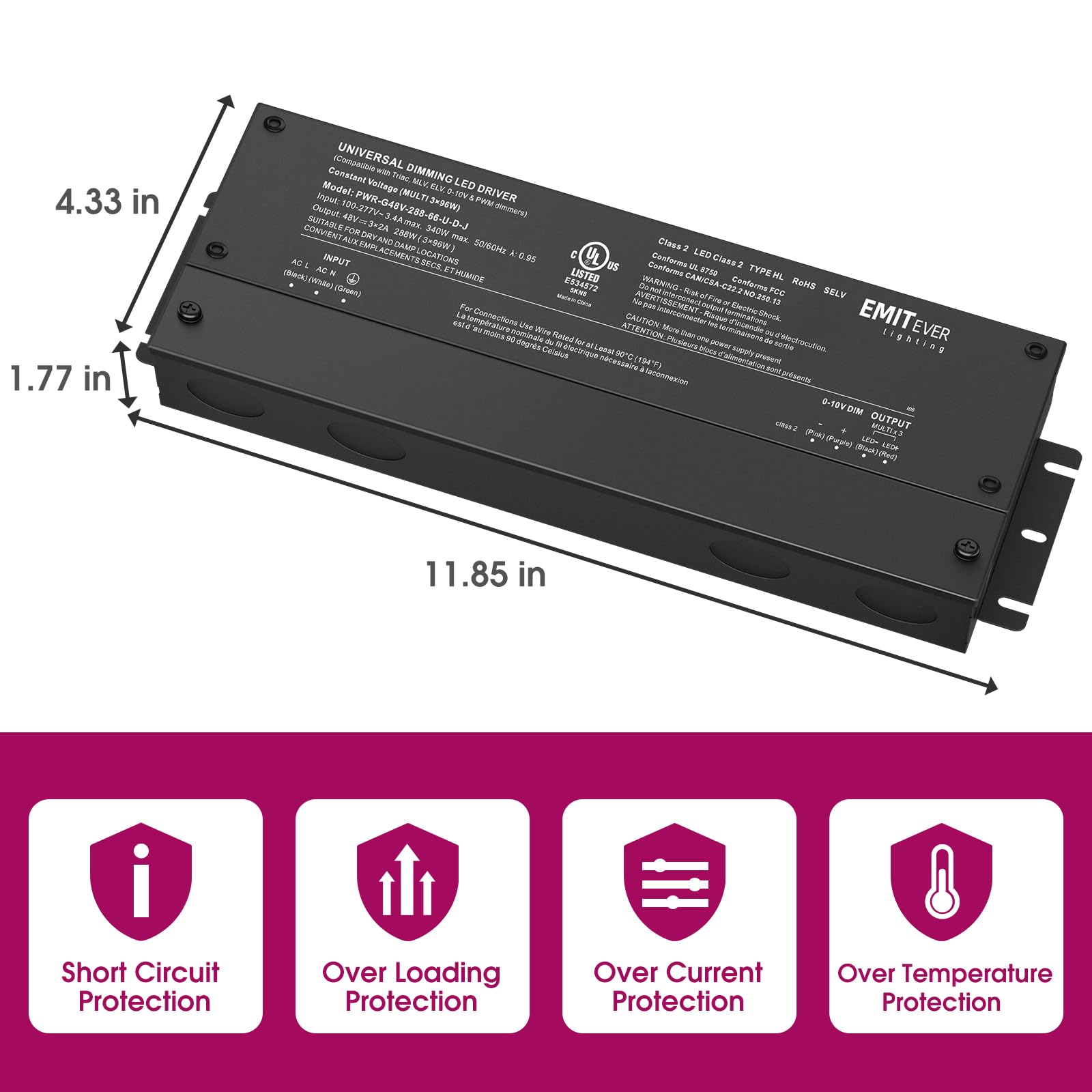 48V Dimmable LED Driver, AC 110V-277V to DC 48V Transformer, 5-in-1 Dimming, IP67, UL Listed 192W / 288W / 384W