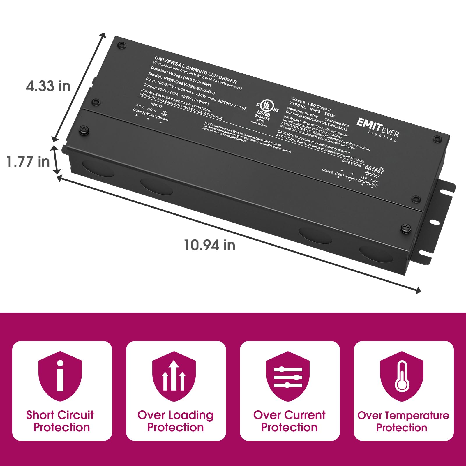 48V Dimmable LED Driver, AC 110V-277V to DC 48V Transformer, 5-in-1 Dimming, IP67, UL Listed 192W / 288W / 384W