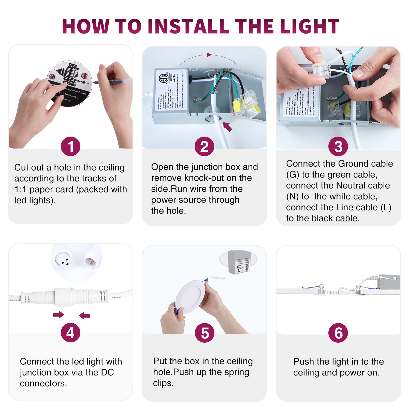 6 Inch Recessed Lighting,5CCT Ultra-Thin LED Ceiling Light with Junction Box, Dimmable Can-Killer Downlight, 12W, 1050LM High Brightness, US ETL and Energy Star Certified