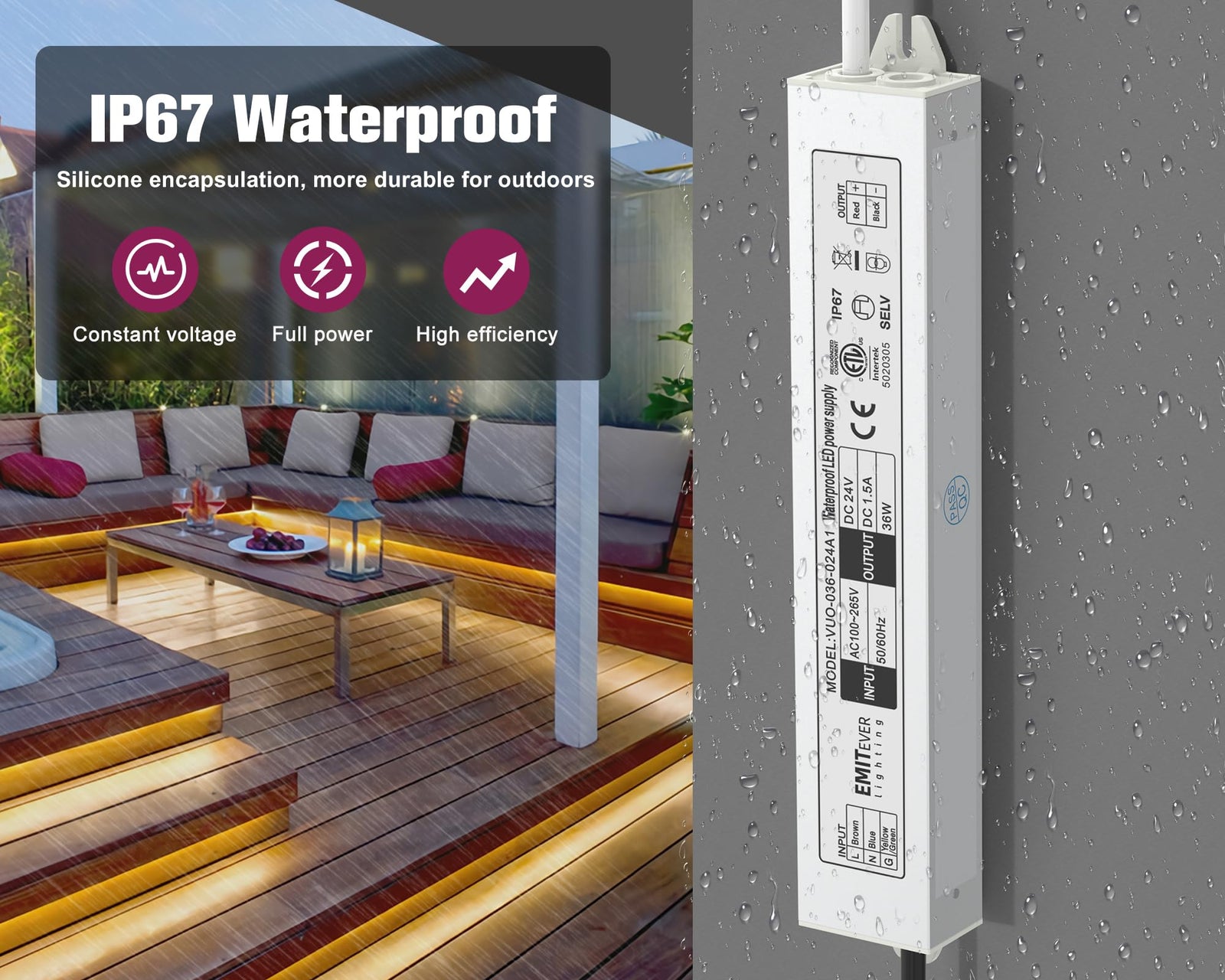 24V Power Supply Driver, 120V AC to 24V DC Converter, Transformer, IP67, 12W / 36W / 60W / 100W, 2-Pack / 4 Pack