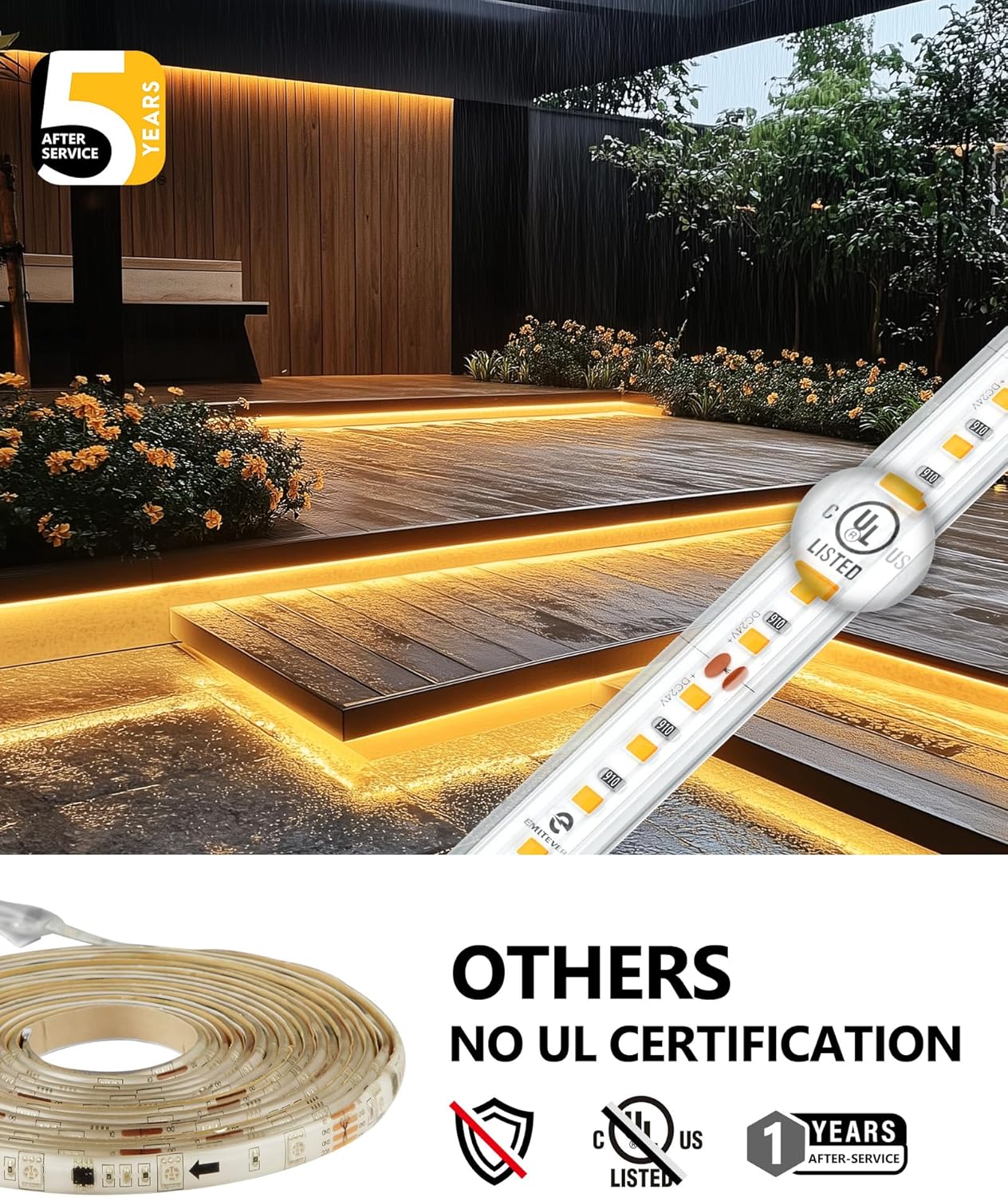 Waterproof LED Strip Lights, 16.4ft, 2700K Warm White, IP67 High Density, 300+LM/ft, 600LEDs,3W/ft, UL Listed (Power Supply Sold Separately)