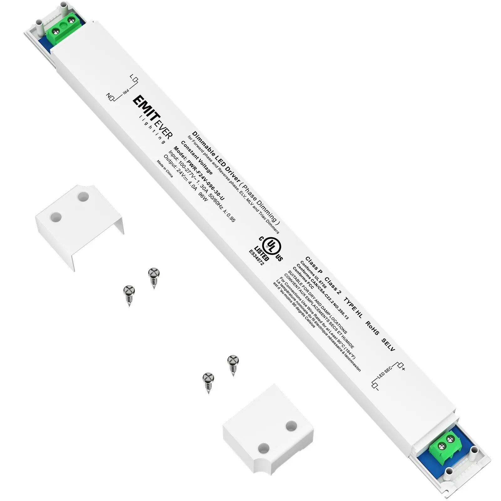 96W Traic Dimmable LED Driver,Power Supply 100-277V AC to 24V DC, 0-100% Dimming Transformer, IP30 Emitever