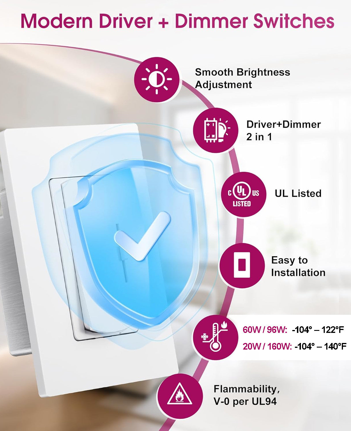 Dimmer Light Switch 24V Dimmable LED Driver 2 in 1, 120VAC to 24VDC UL Listed, FCC Single-Pole or 3-Way Slide Dimmer Switch