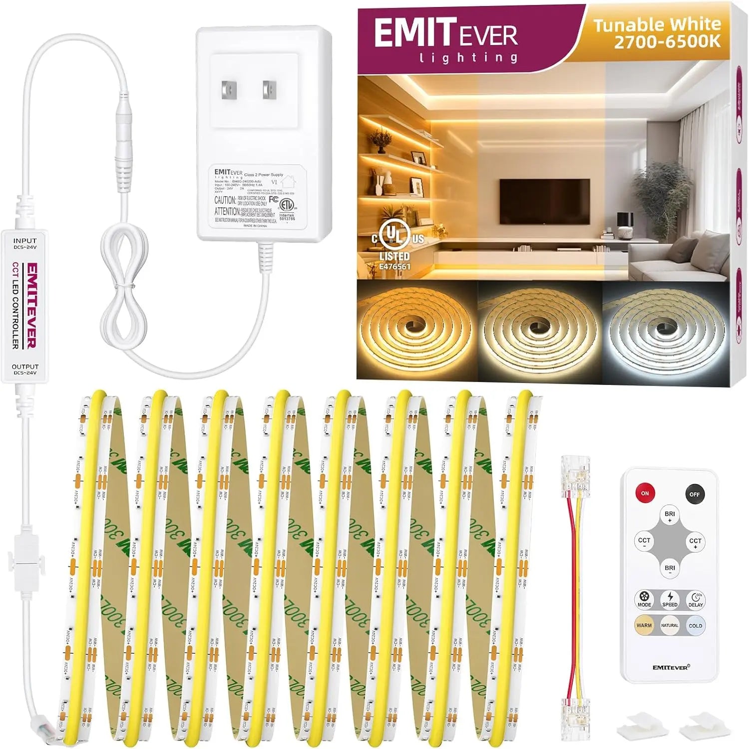 COB LED Strip Light Tunable White 2700K-6500K, UL-Listed Dimmable CCT 24V LED Tape Light Kit 16.4ft, High Density 3200LEDs CRI90+ Emitever
