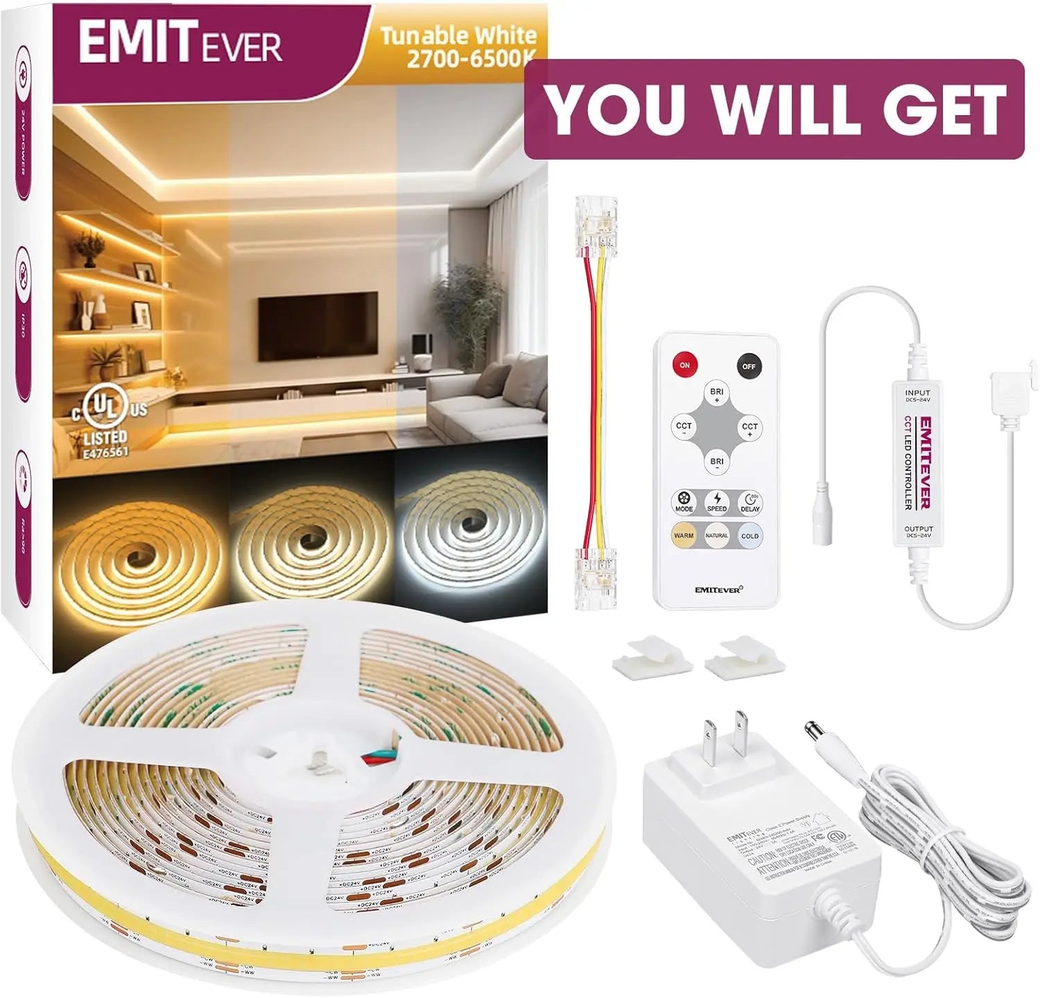 COB LED Strip Light Tunable White 2700K-6500K, UL-Listed Dimmable CCT 24V LED Tape Light Kit 16.4ft, High Density 3200LEDs CRI90+ Emitever