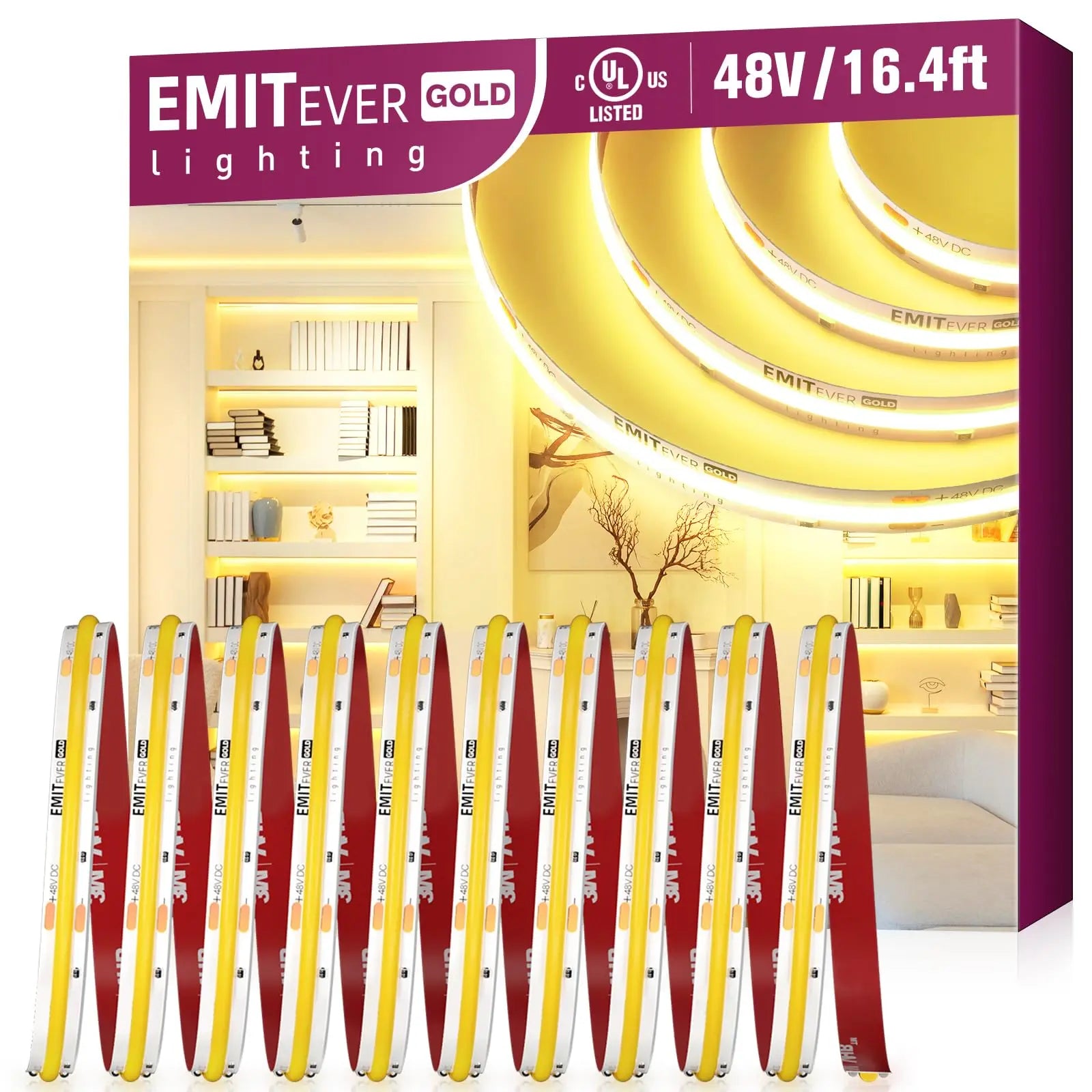 COB LED Strip Lights 2700K-5000K, UL Listed 48V Tape Light Premium High Density 32.8ft / 16.4ft Emitever