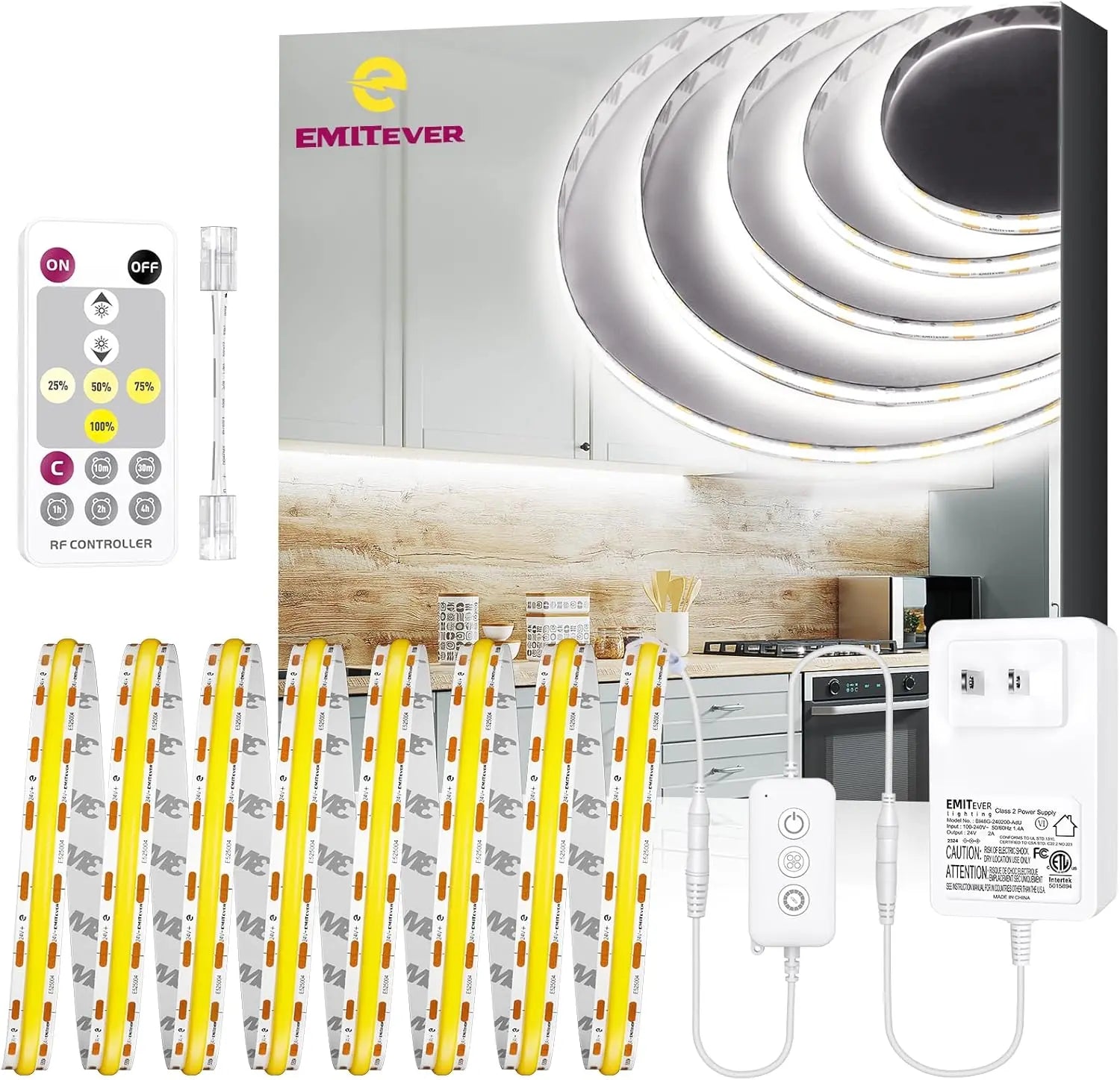 COB LED Strip Lights Kit 2700K-5000K with Remote & 24V Power Supply, 16.4ft, High Density 2400LEDs, 300+LM/FT, CRI90+, UL Listed Emitever