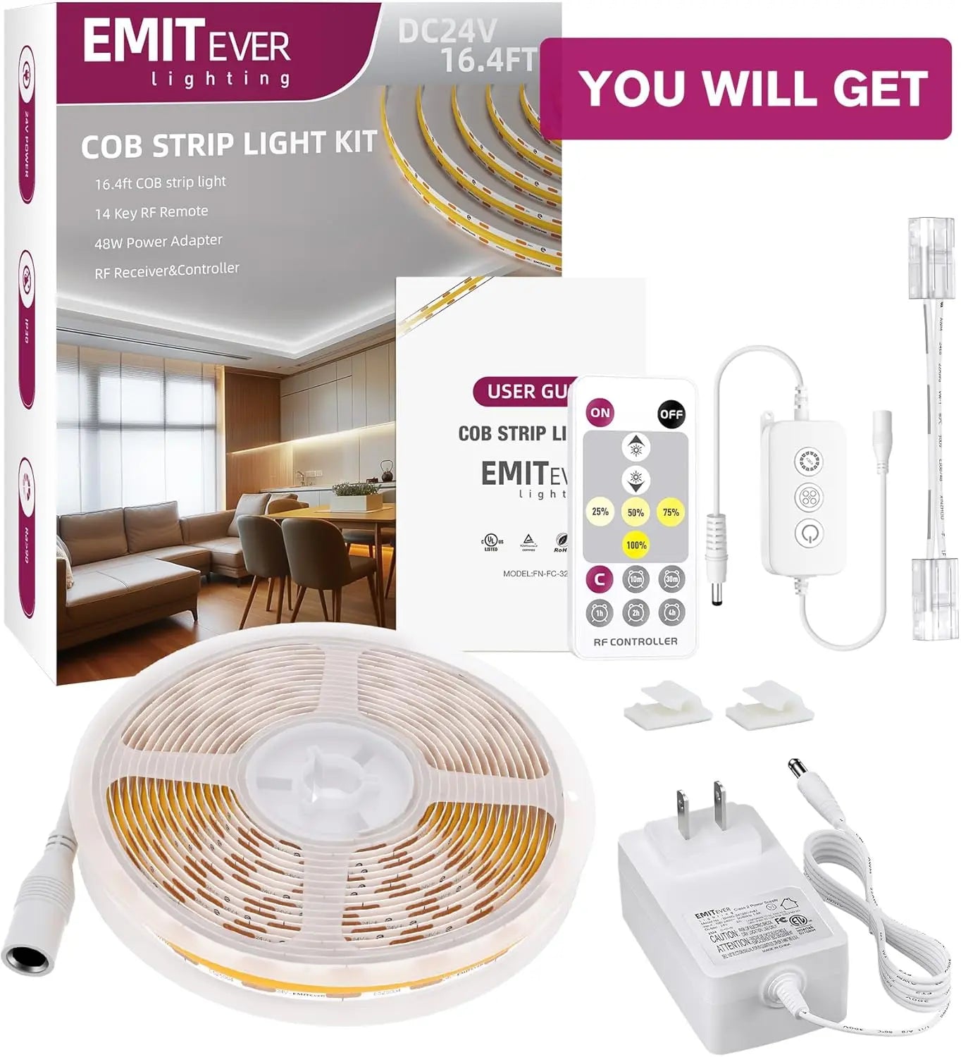 COB LED Strip Lights Kit 2700K-5000K with Remote & 24V Power Supply, 16.4ft, High Density 2400LEDs, 300+LM/FT, CRI90+, UL Listed Emitever