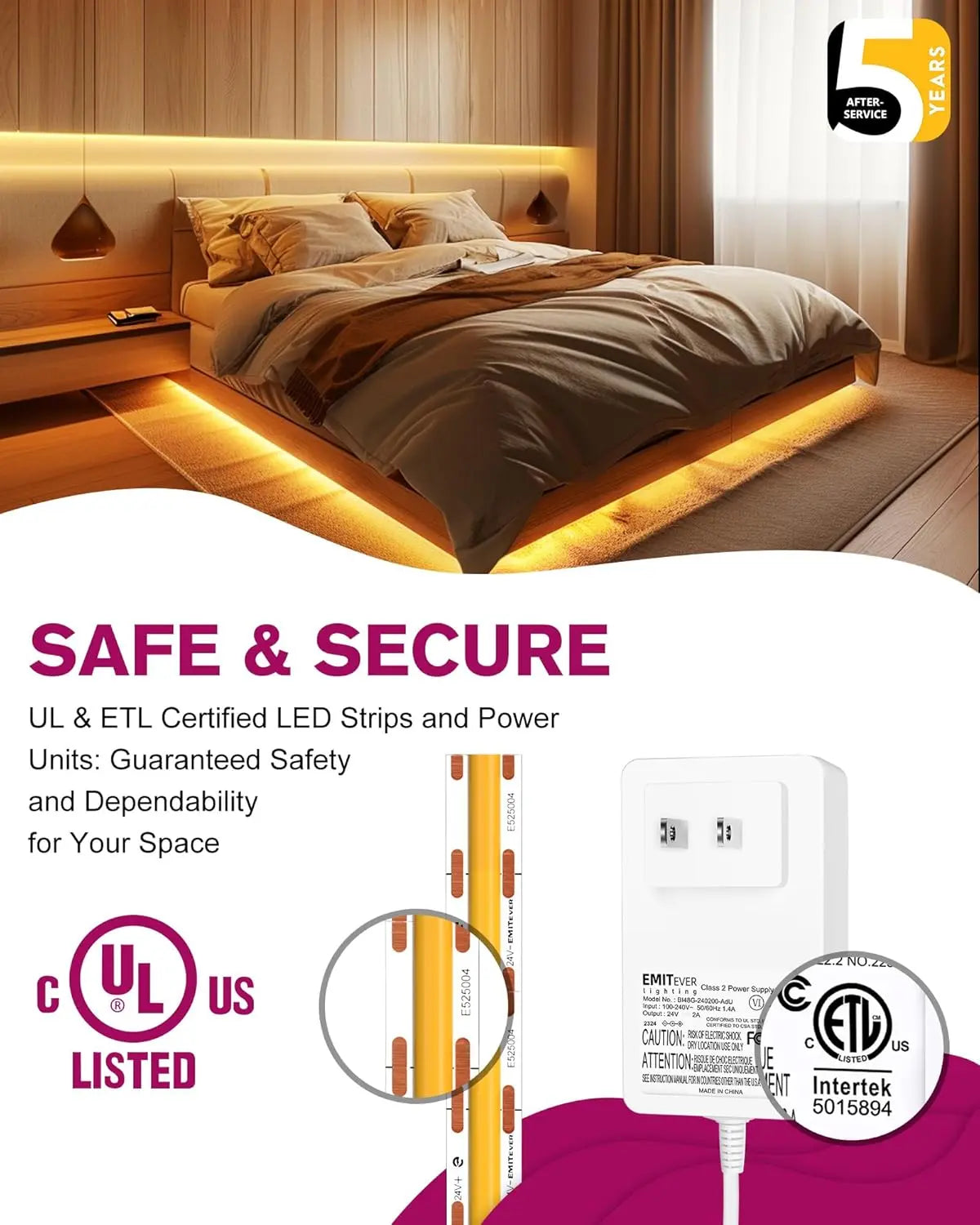 COB LED Strip Lights Kit 2700K-5000K with Remote & 24V Power Supply, 16.4ft, High Density 2400LEDs, 300+LM/FT, CRI90+, UL Listed Emitever