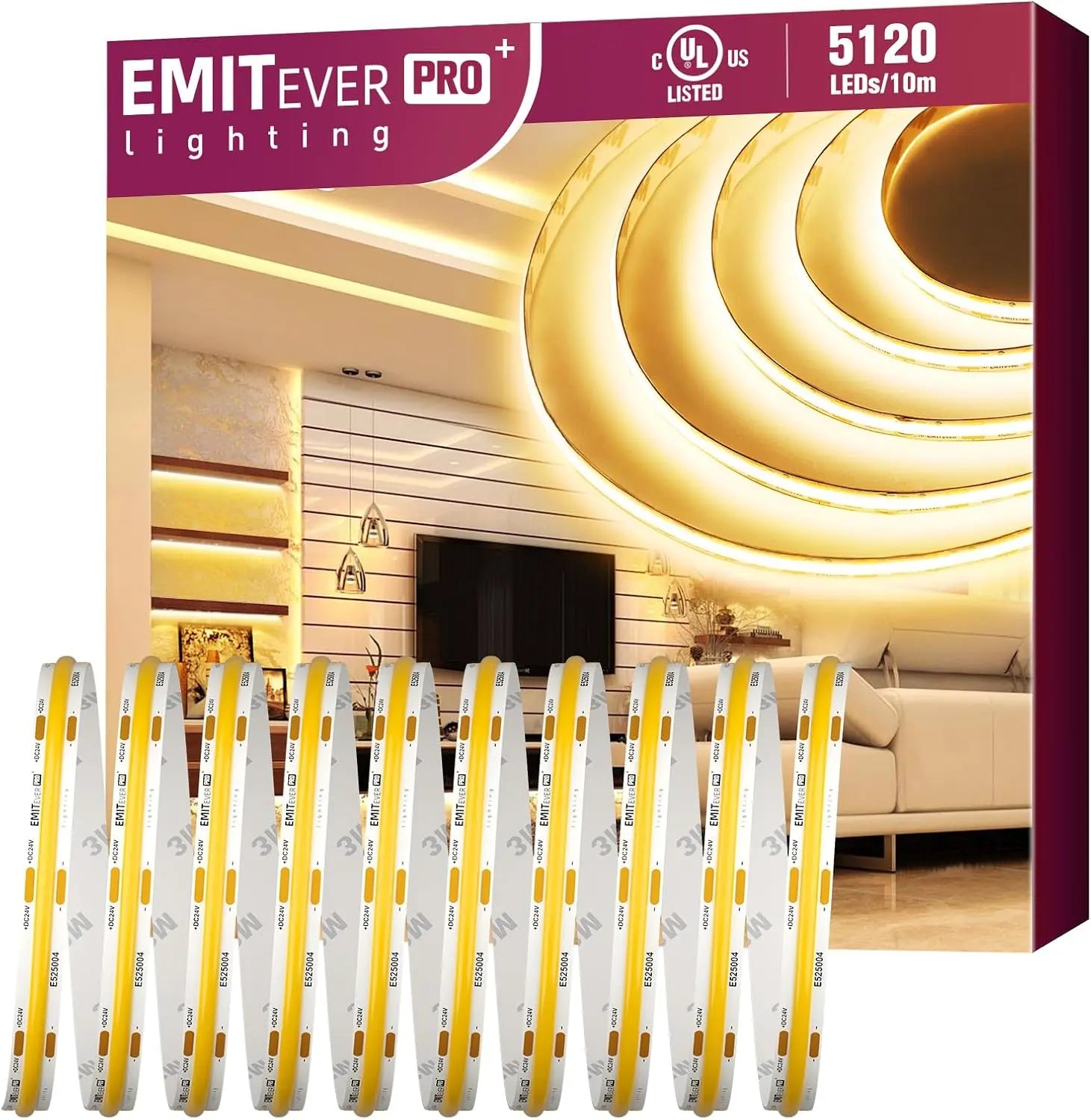 COB LED Strip Lights Warm White 3000K, UL Listed 24V Tape Light Premium High Density 32.8FT Emitever