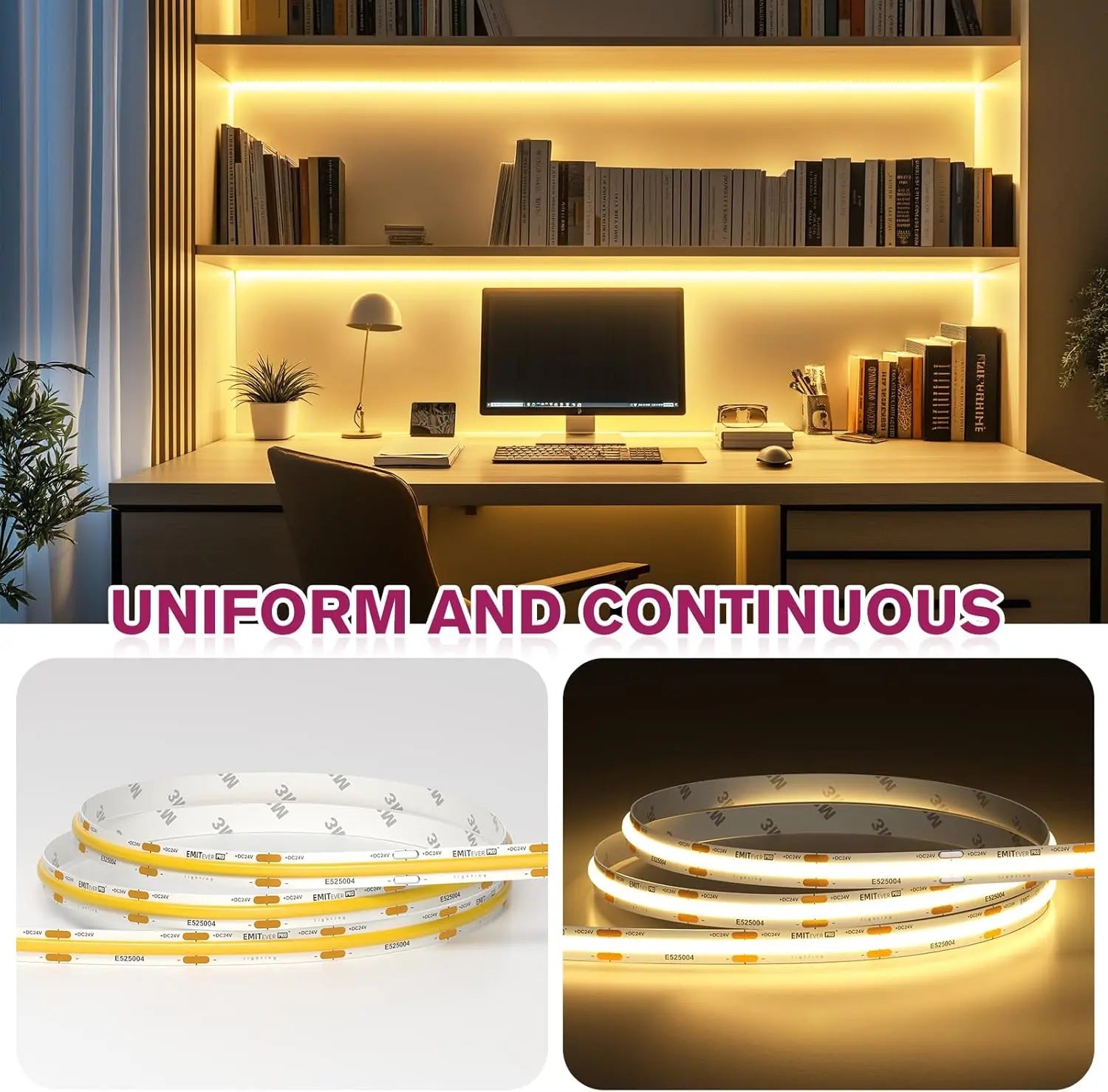 COB LED Strip Lights Warm White 3000K, UL Listed 24V Tape Light Premium High Density 32.8FT Emitever