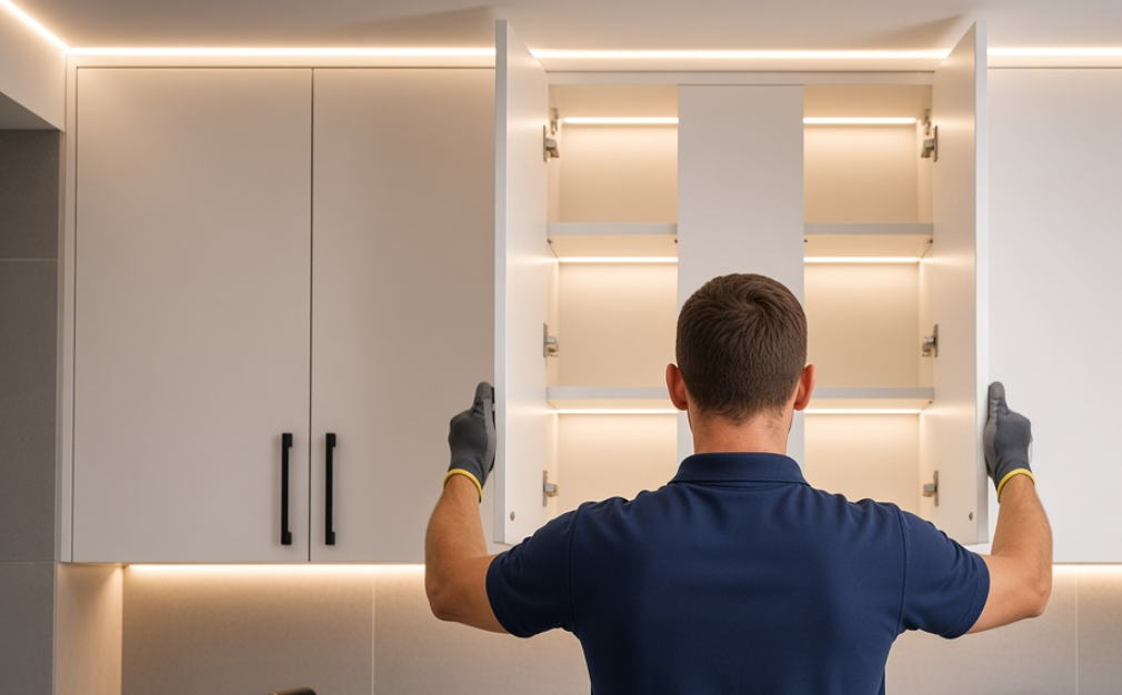 A man wearing a navy blue polo shirt and gray gloves stands with his back to the camera, opening a white kitchen cabinet with illuminated shelves.