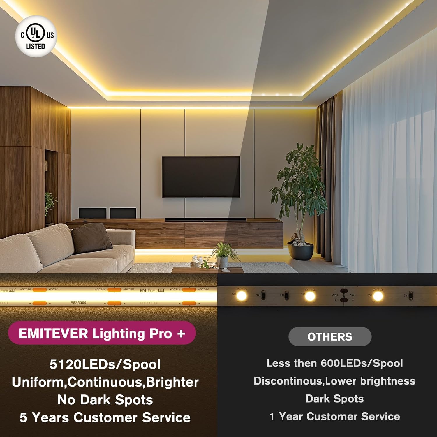 COB LED Strip Lights Warm White 3000K, UL Listed 24V Tape Light Premium High Density 32.8FT