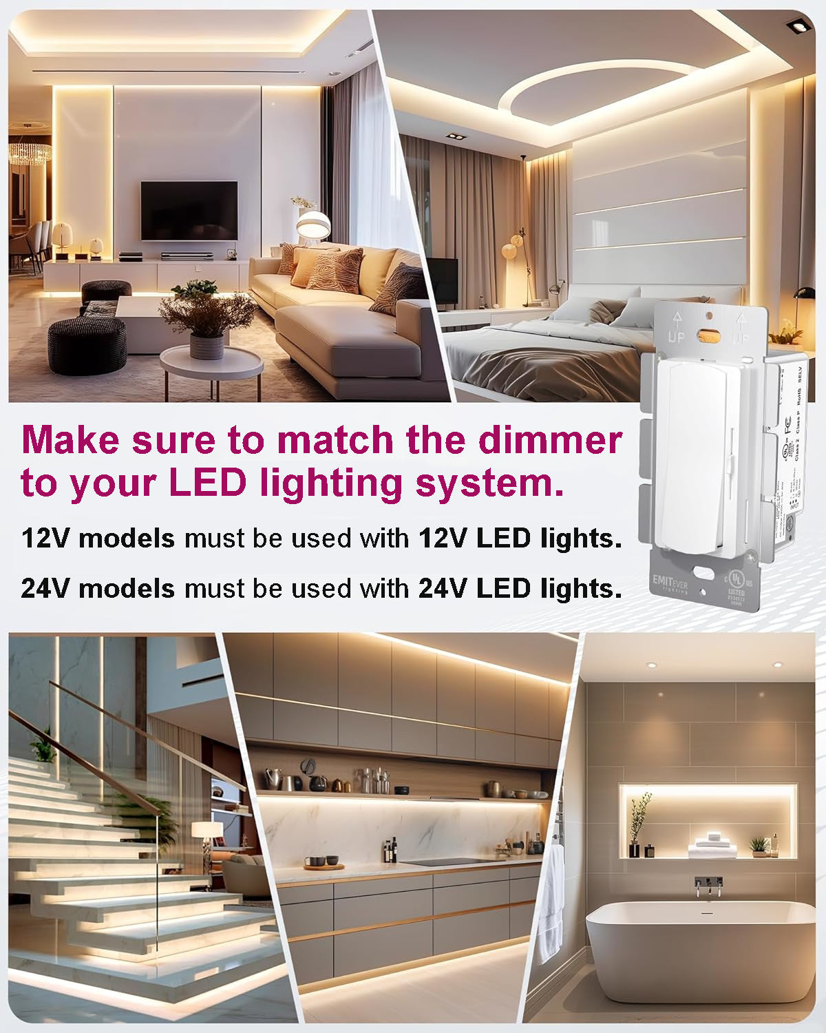 Dimmer Light Switch 24V Dimmable LED Driver 2 in 1, 120VAC to 24VDC UL Listed, FCC Single-Pole or 3-Way Slide Dimmer Switch