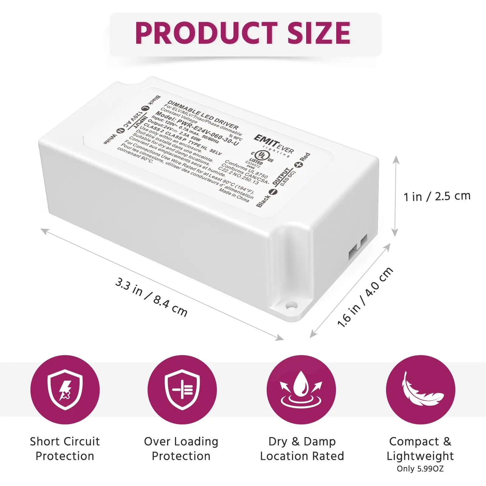 Dimmable LED Driver, 120VAC to 24VDC Transformer, Power Supply, Class 2, UL Listed, 60W / 96W Emitever