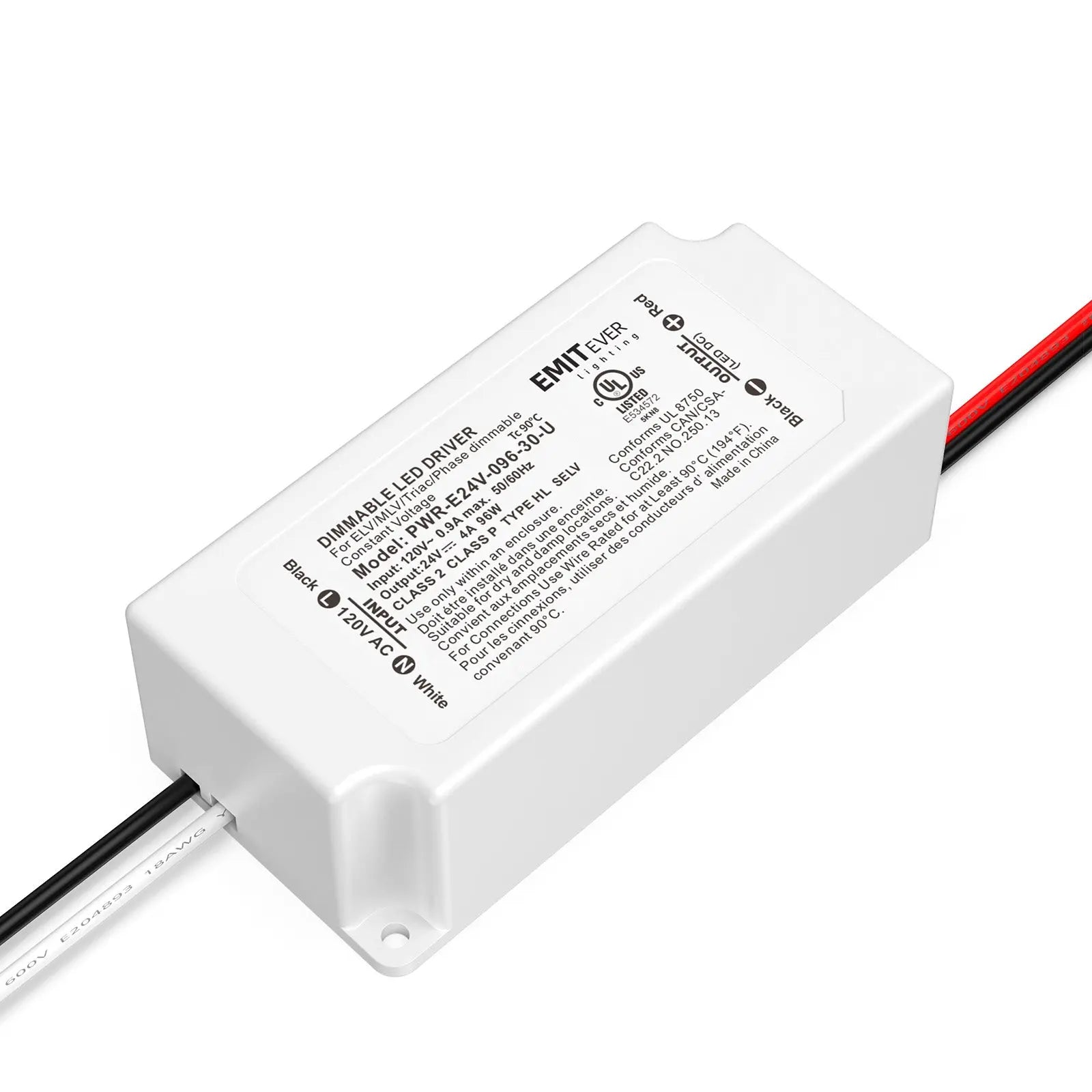 Dimmable LED Driver, 120VAC to 24VDC Transformer, Power Supply, Class 2, UL Listed, 60W / 96W Emitever