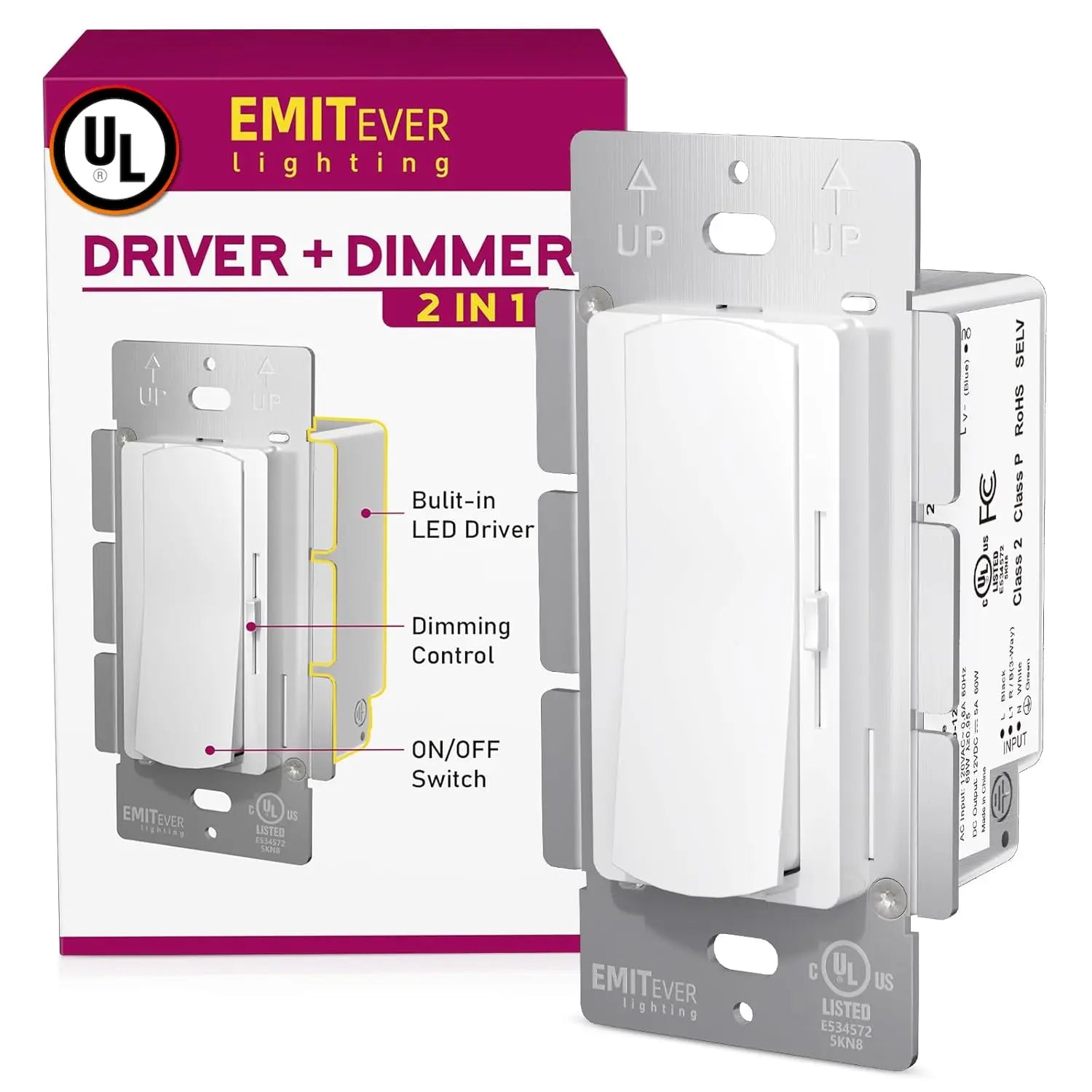 Dimmer Light Switch 24V Dimmable LED Driver 2 in 1, 120VAC to 24VDC UL Listed, FCC Single-Pole or 3-Way Slide Dimmer Switch Emitever