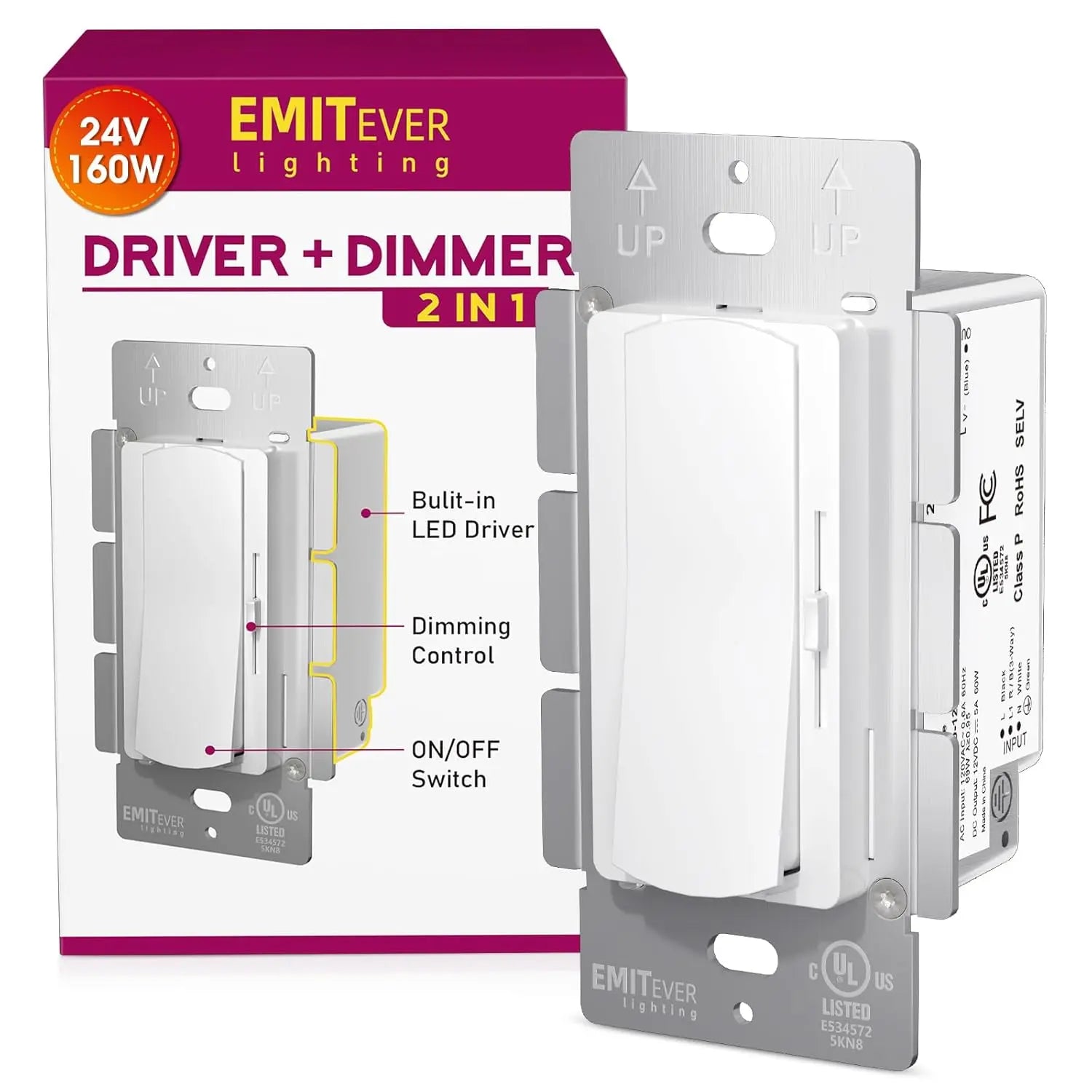 Dimmer Light Switch 24V Dimmable LED Driver 2 in 1, 120VAC to 24VDC UL Listed, FCC Single-Pole or 3-Way Slide Dimmer Switch Emitever