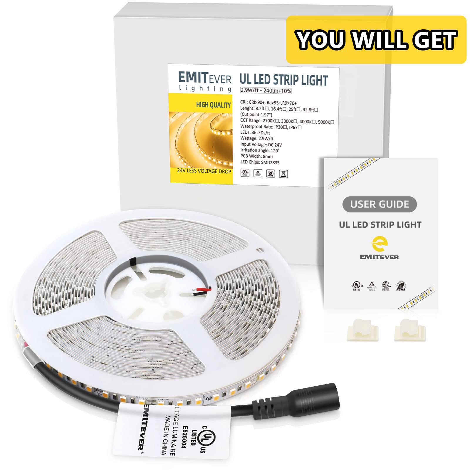 EMITEVER LED Strip Lights | UL 24V LED Tape Light Warm White, 2700K 25FT 900LEDs, 2700K 32.8FT 1200LEDs Emitever