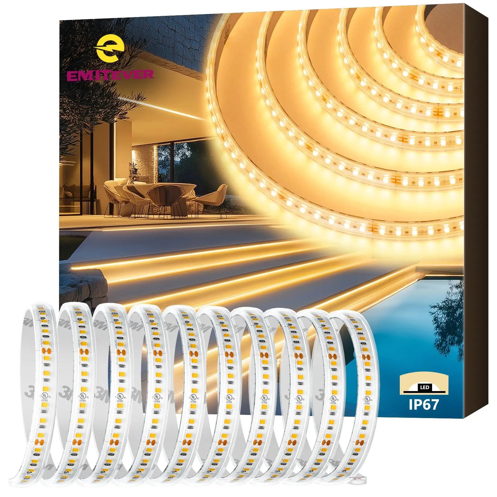 EMITEVER Outdoor LED Strip Lights Waterproof IP67,24V DC LED Tape Light, Warm White 3000K, UL 2.9W/ft,240+Lumens/ft,16.4ft,UL Listed 5 Year Warranty (Power Supply Sold Separately) Emitever