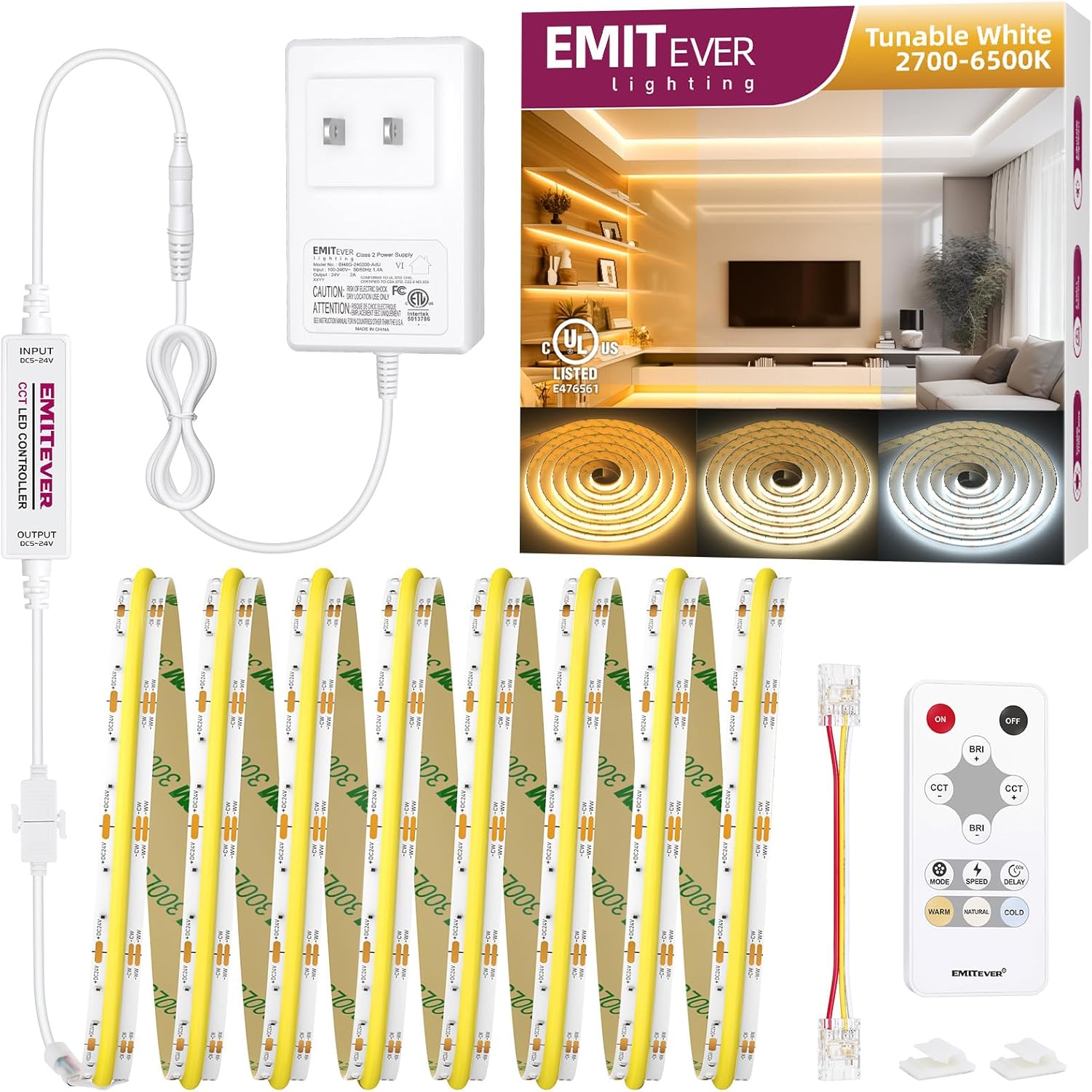 COB LED Strip Light Tunable White 2700K-6500K, UL-Listed Dimmable CCT 24V LED Tape Light Kit 16.4ft, High Density 3200LEDs CRI90+