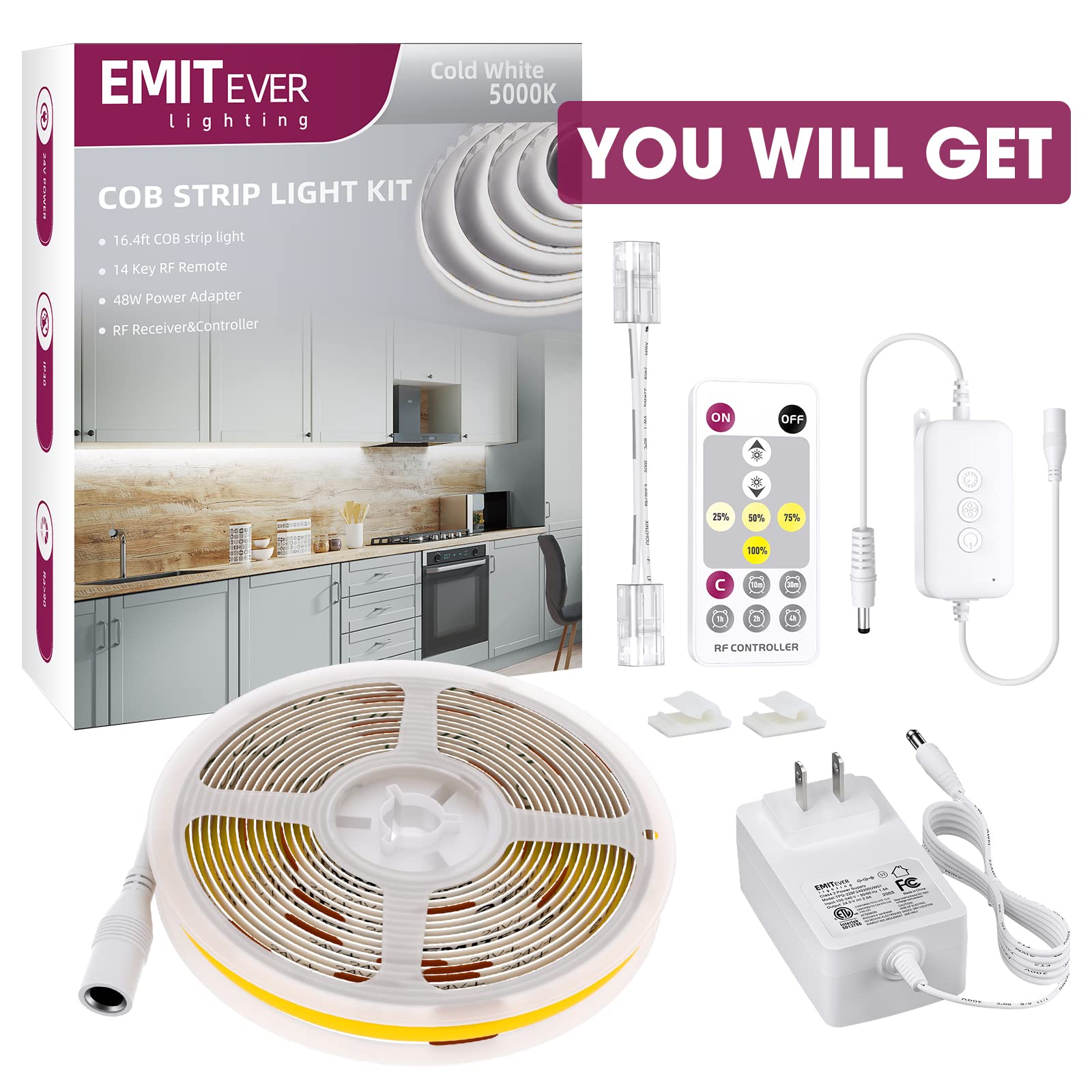 Emitever LED Strip Light Kits | With RF Controller,UL 24V DC Power Adapter Emitever