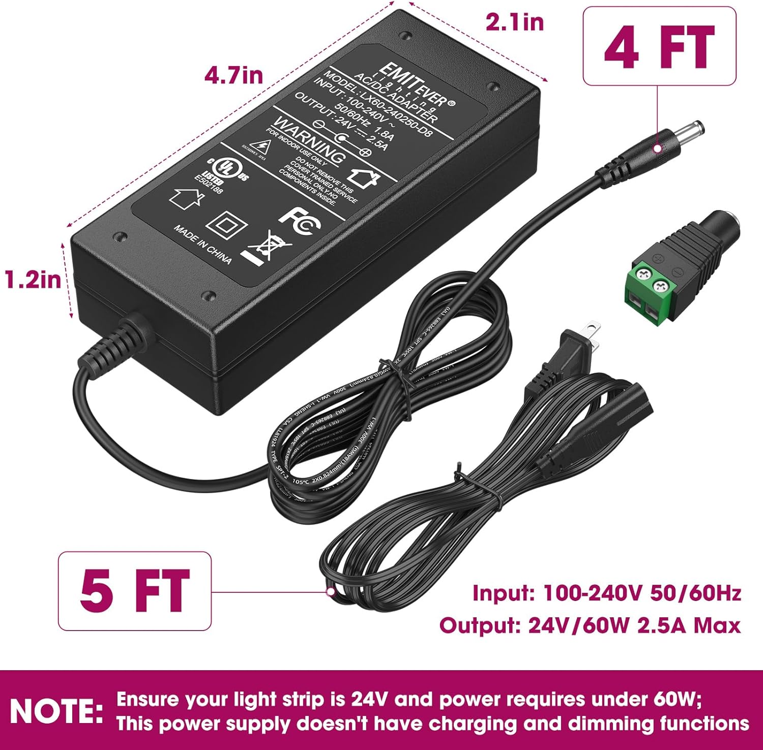 24V DC LED Power Supply, 60W LED Power Adapter, Lighting Transformers, Input AC 100-240V UL-Listed,Class 2