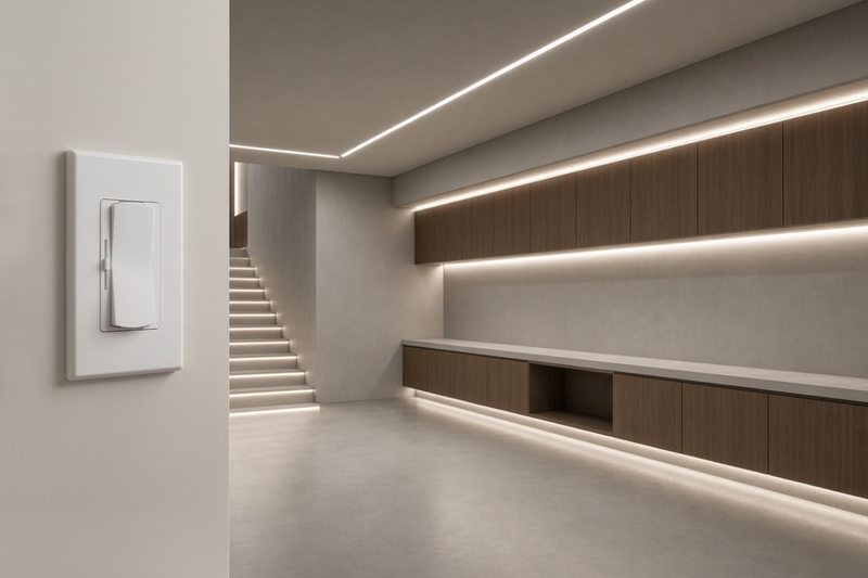 Sophisticated Emitever linear lighting built into millwork, recessed channels, stairs, and shelving,  lighting is part of the architecture rather than an added fixture. Modern high-end interior, clean geometry, precise lines of light, neutral to cool white lighting.