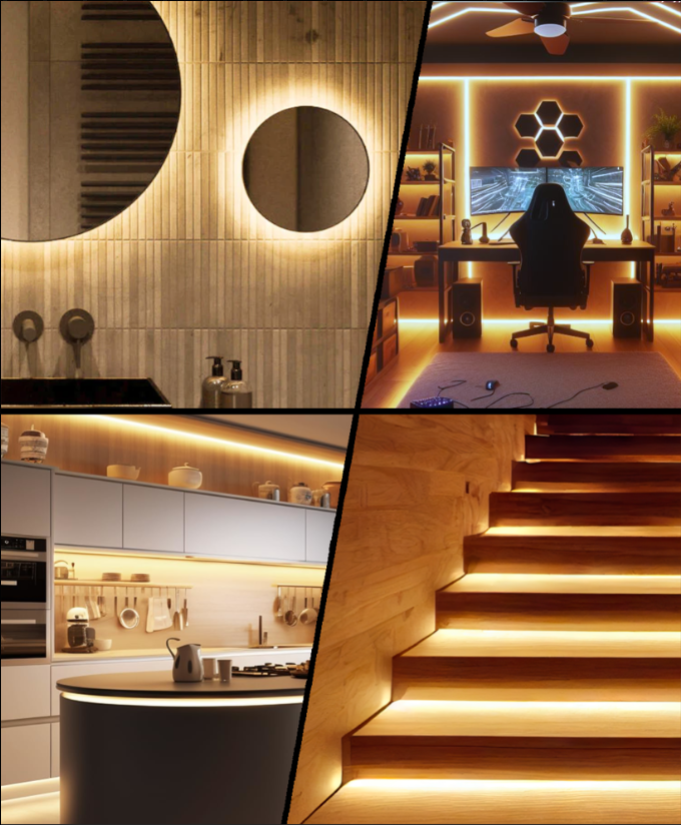 Warm Whtie LED lighting on stairs, mirrors, kitchen and gaming rooms