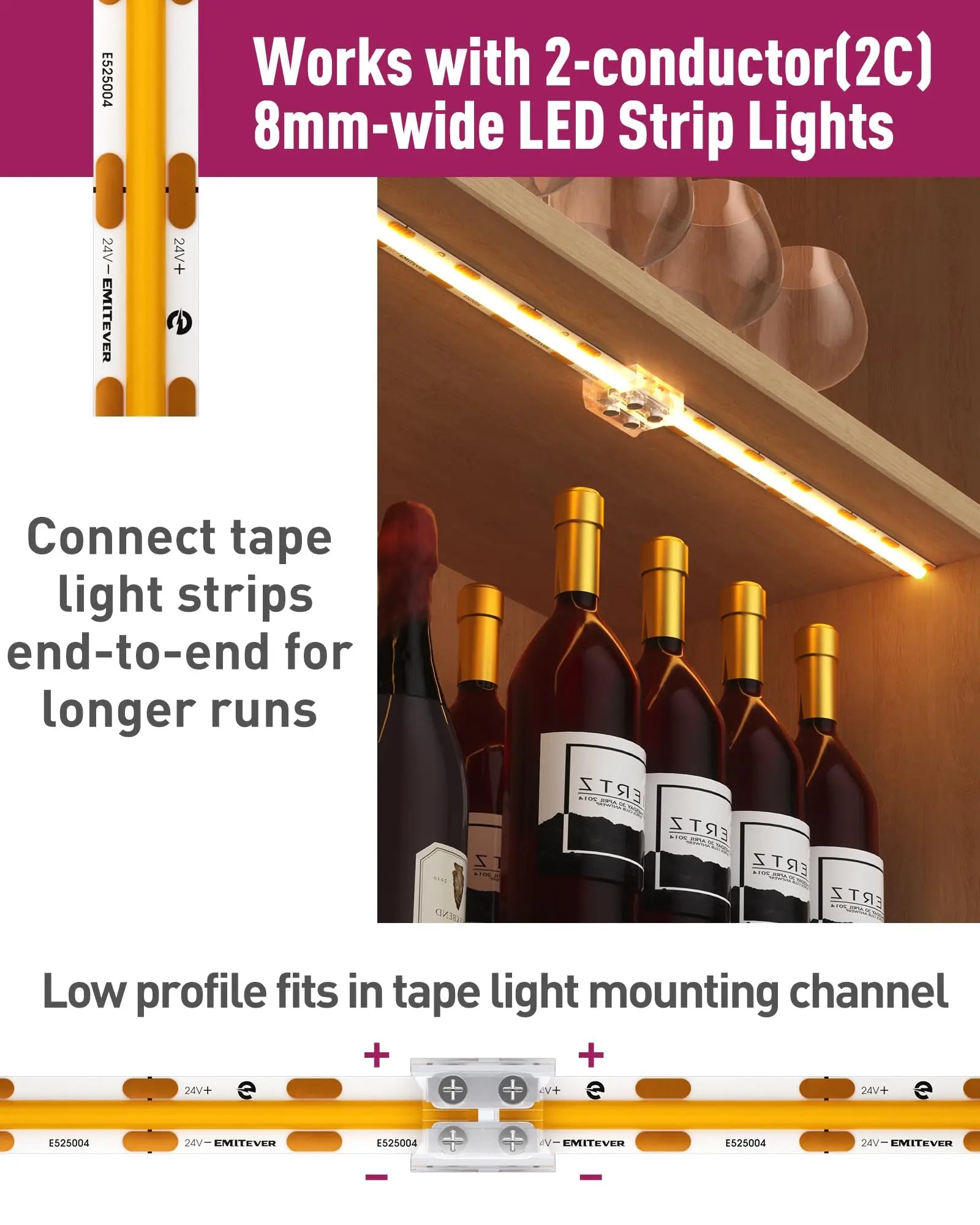 LED Strip Light Connectors, 2 Pin Tighten Screw Transparent, Strip to Strip Connector / Extension Connector, for 8mm Width LED Strip Lights, 12 Pack / 2 Pack Emitever