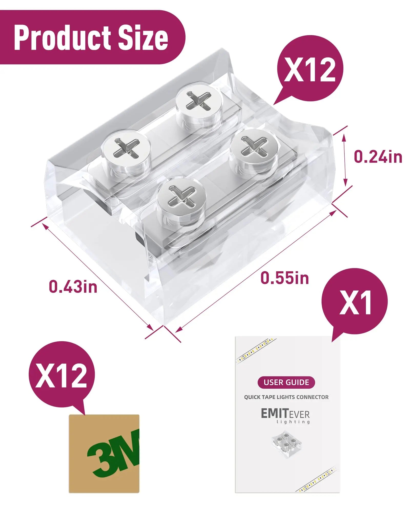LED Strip Light Connectors, 2 Pin Tighten Screw Transparent, Strip to Strip Connector / Extension Connector, for 8mm Width LED Strip Lights, 12 Pack / 2 Pack Emitever