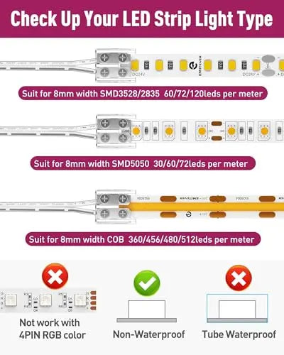 LED Strip Light Connectors, 2 Pin Tighten Screw Transparent, Strip to Strip Connector / Extension Connector, for 8mm Width LED Strip Lights, 12 Pack / 2 Pack Emitever