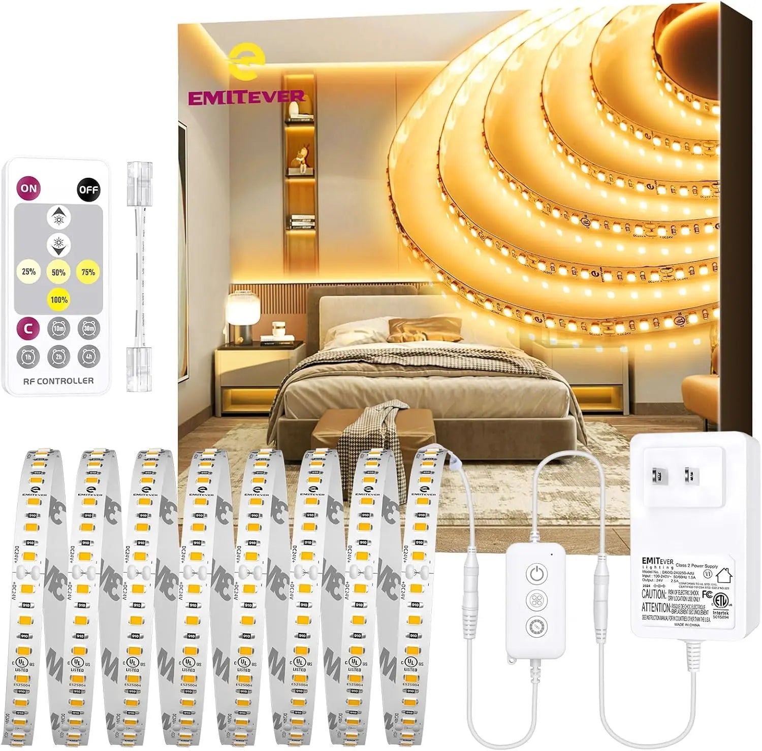 LED Strip Lights Kit 2700K-5000K with Remote & 24V Power Supply, 16.4ft, High Density 600LEDs, 240+LM/FT, CRI95+, UL Listed Emitever